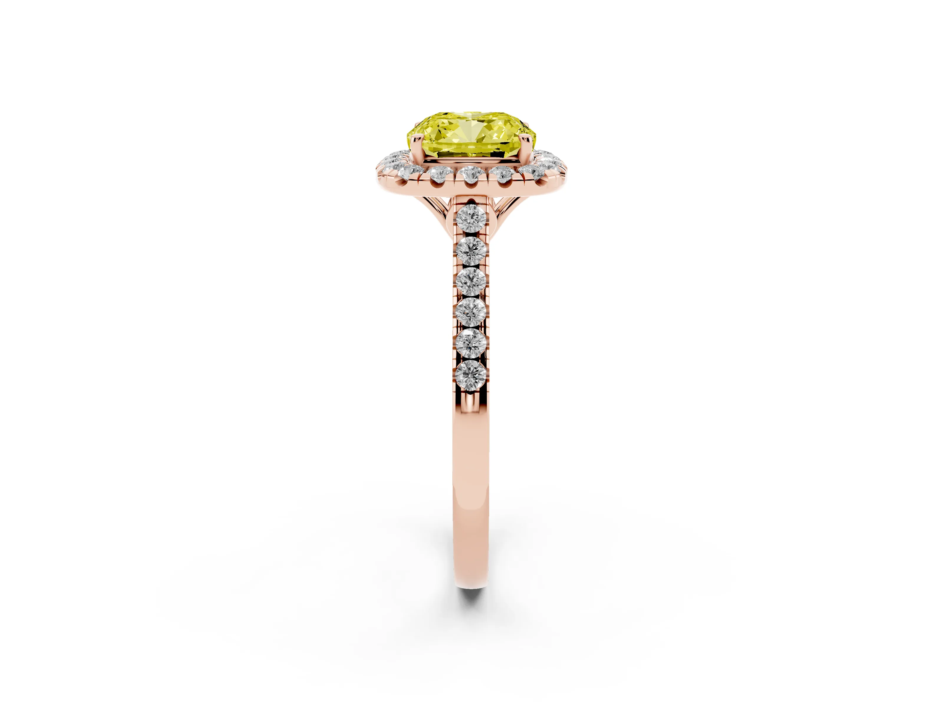Fancy Yellow Cushion Cut Diamond Pavé Halo Engagement Ring Set in Rose gold with Pavé Band and Prong Setting