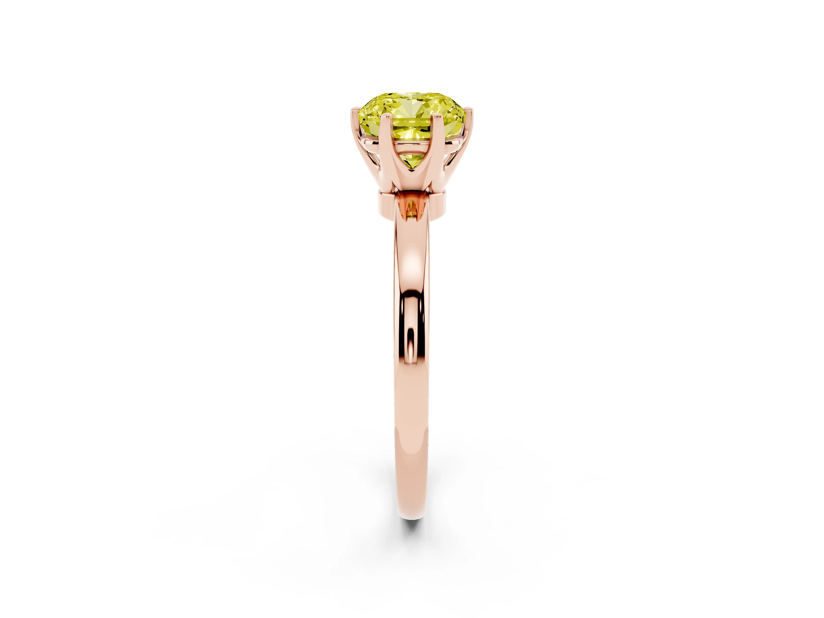 Fancy Yellow Cushion Cut Diamond Solitaire Ring Set in Rose gold with Raised Prong Setting on a Classic Band