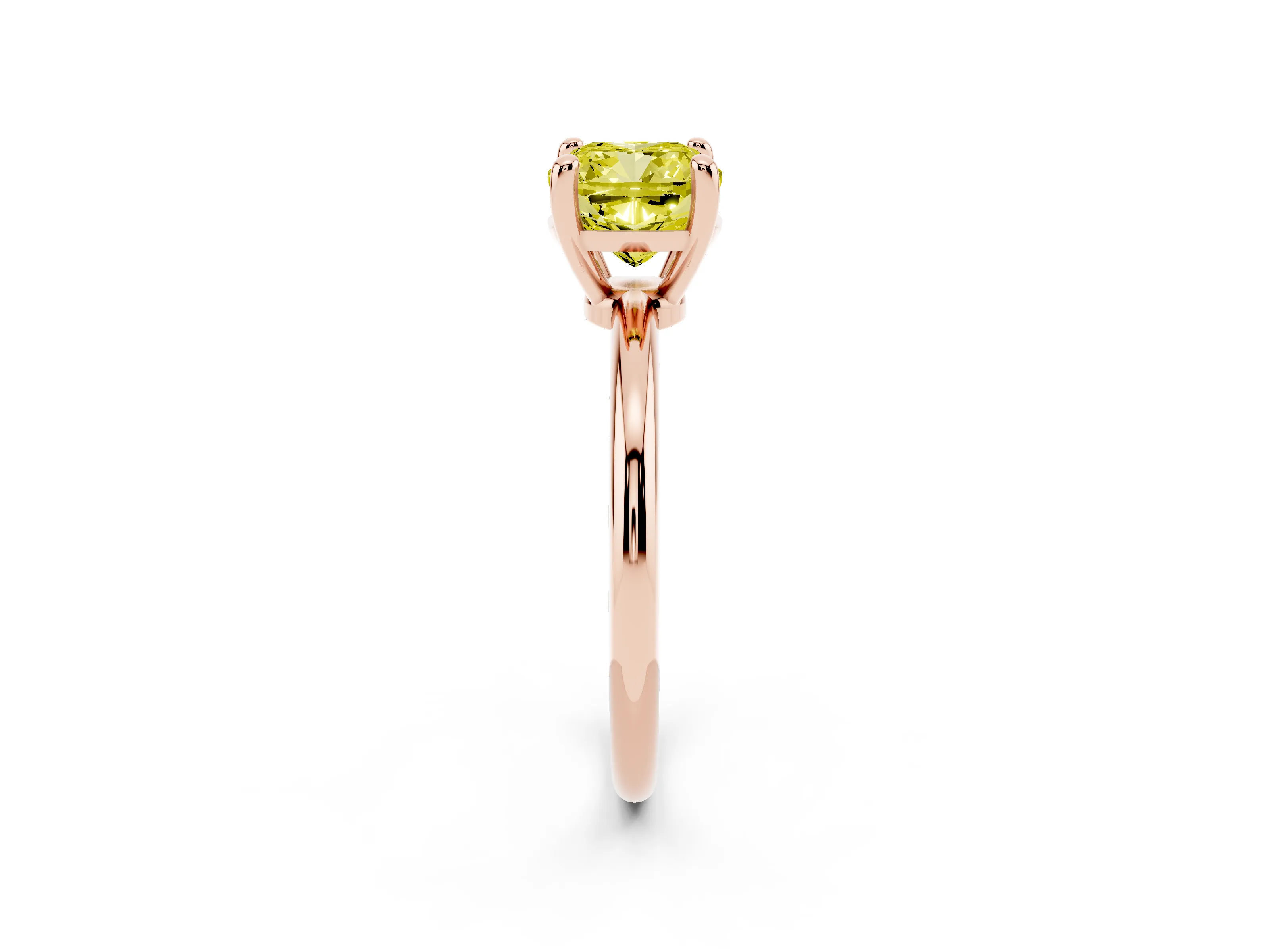 Fancy Yellow Cushion Cut Diamond Solitaire Ring Set in Rose gold with Secure Prong Setting on a Classic Band