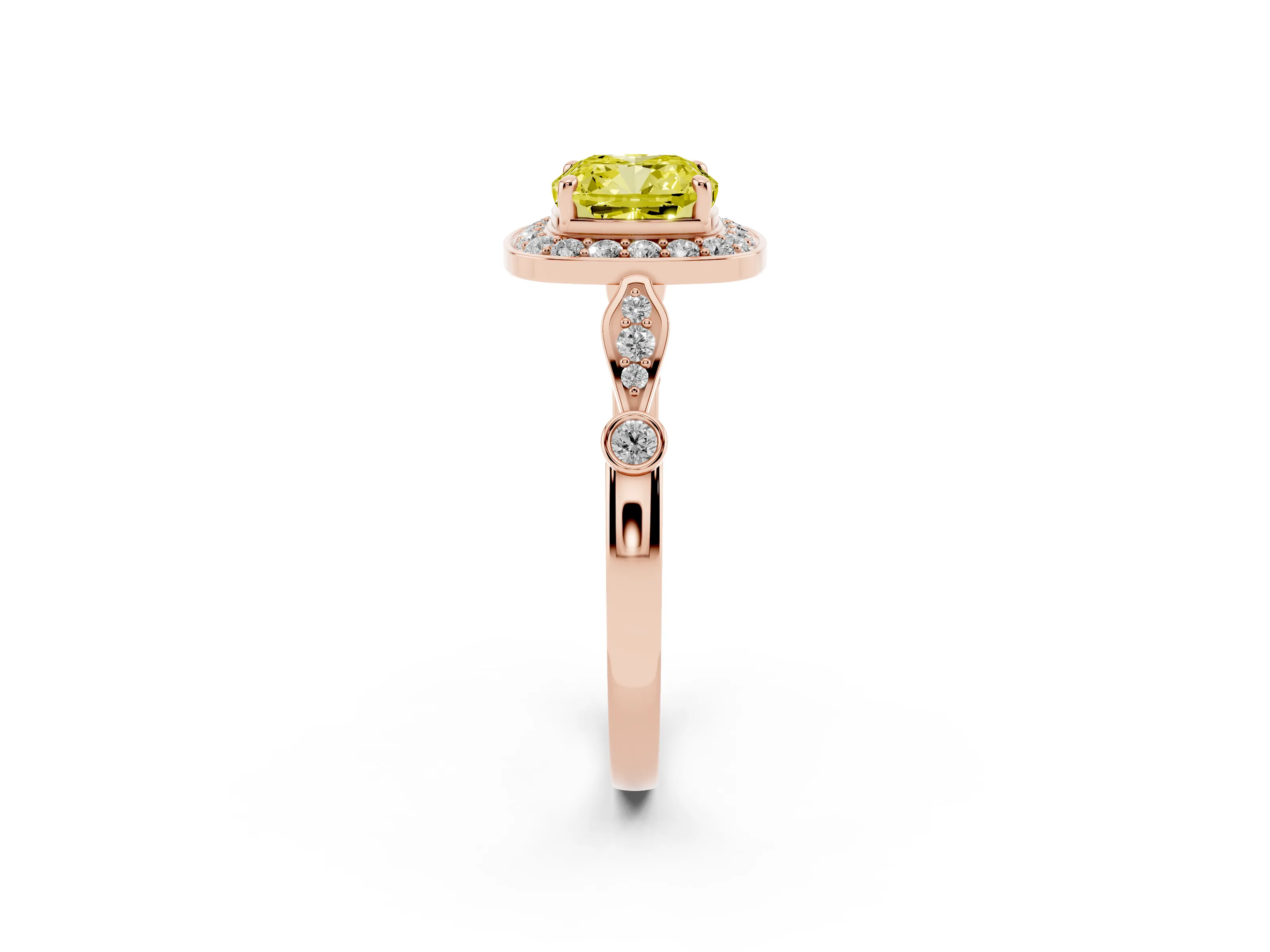 Fancy Yellow Cushion Cut Diamond Halo Engagement Ring Set in Rose gold with Twisted Band and Prong Setting