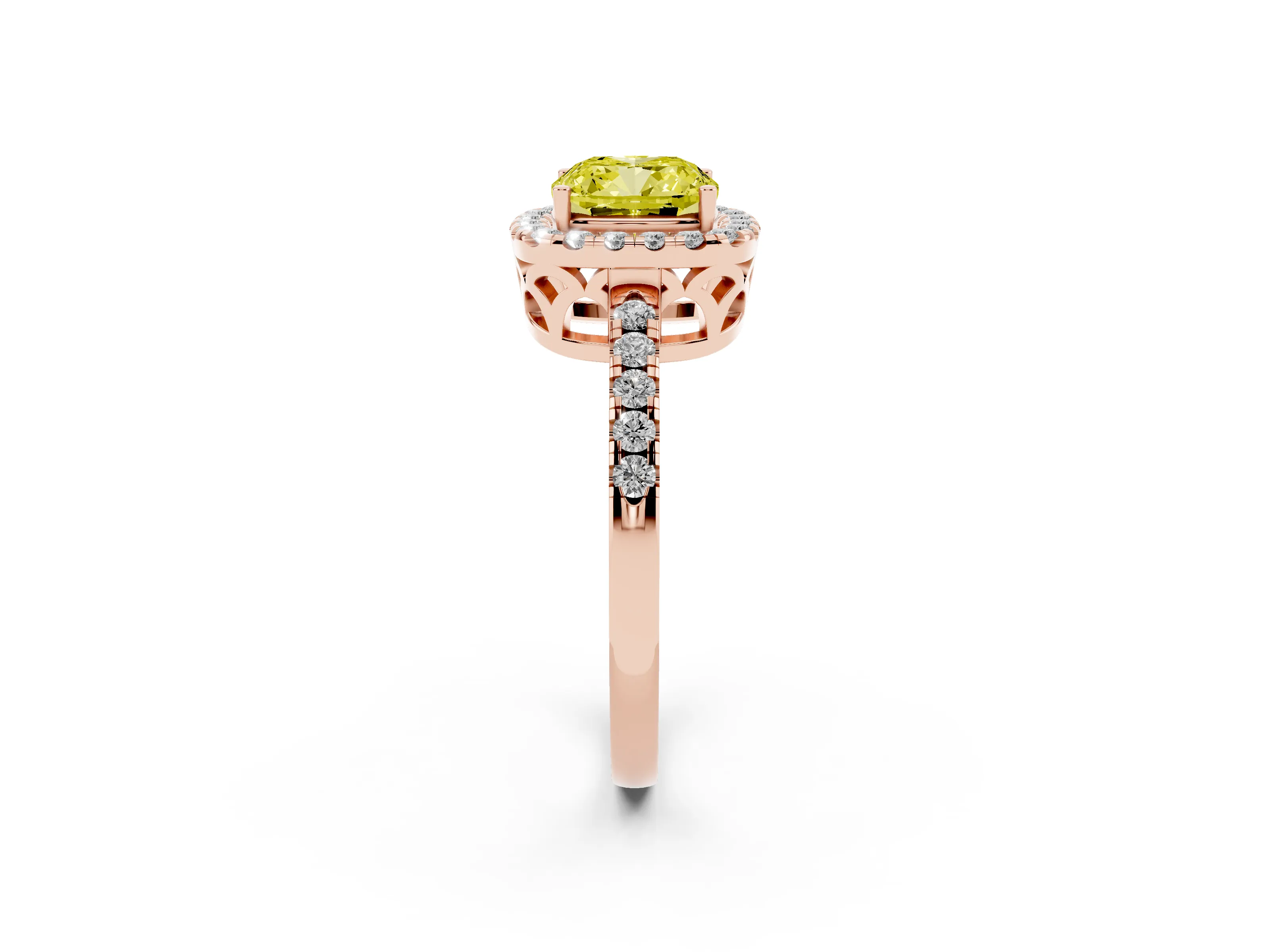 Fancy Yellow Cushion Cut Diamond Pavé Band Halo Engagement Ring Set in Rose gold with Prong Setting