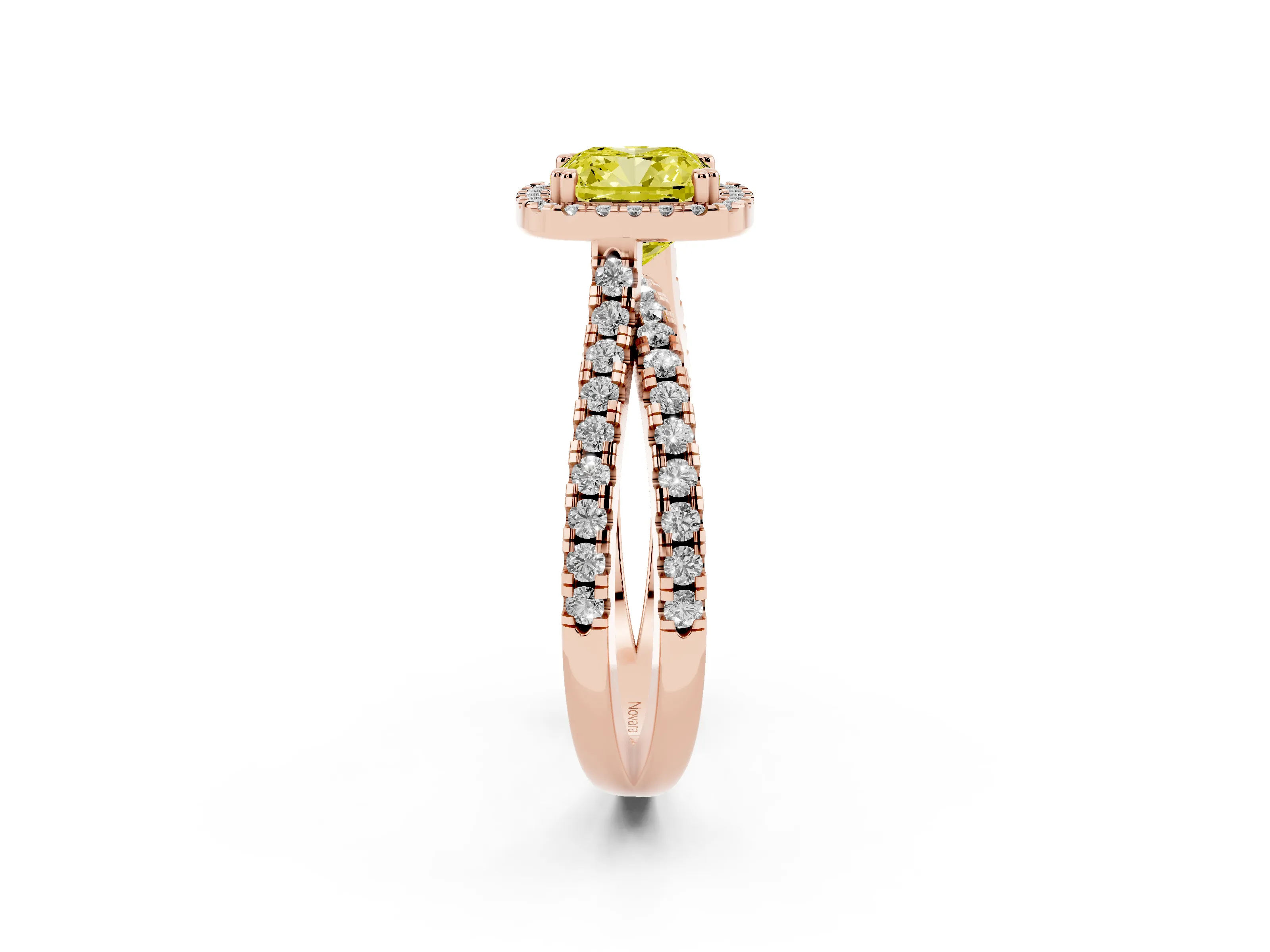 Fancy Yellow Cushion Cut Diamond Halo Split Shank Ring Set in Rose gold with Pavé Setting