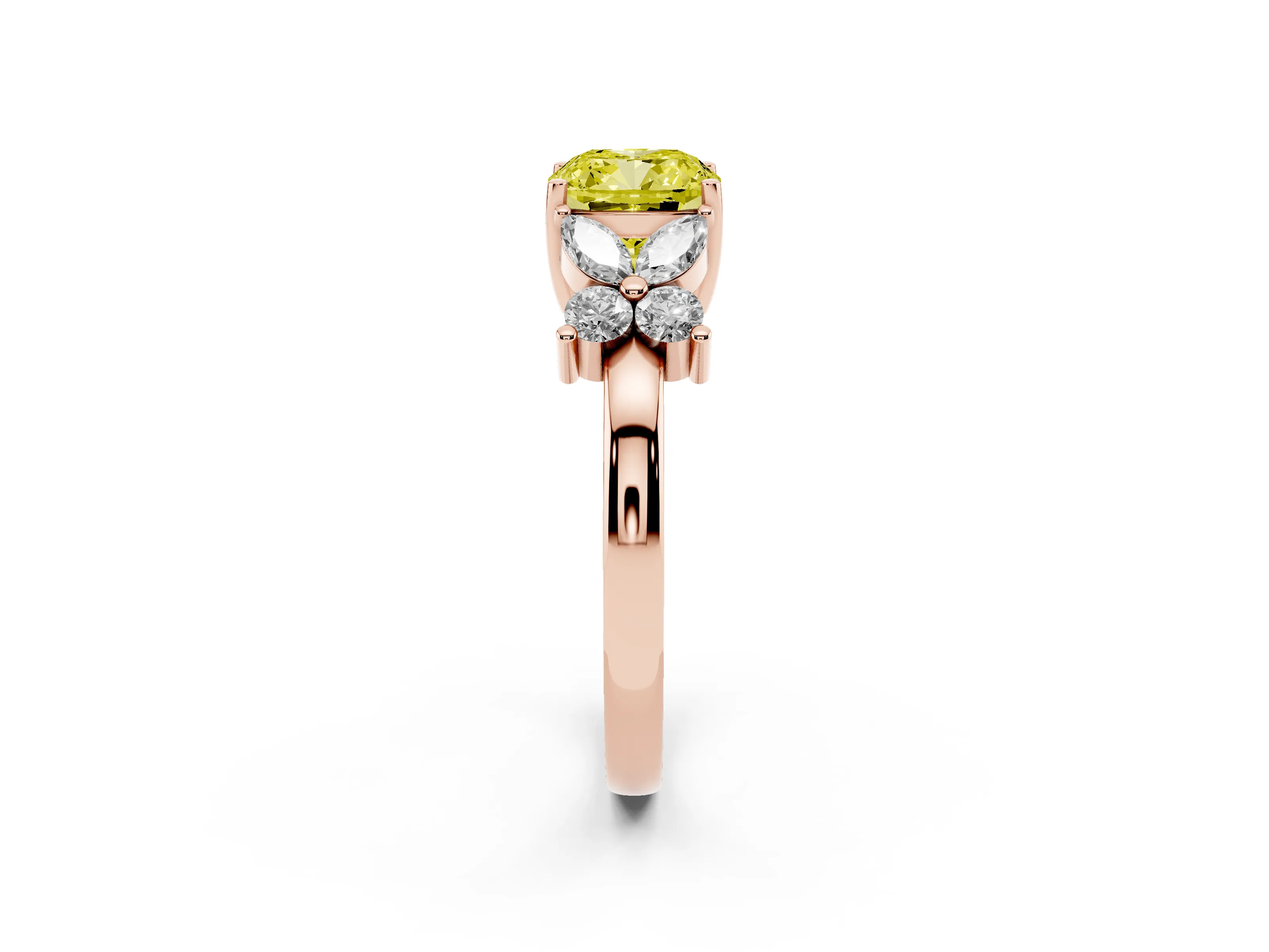 Fancy Yellow Cushion Cut Diamond Floral Cluster Ring Set in Rose gold with Marquise Petals and Prong Setting
