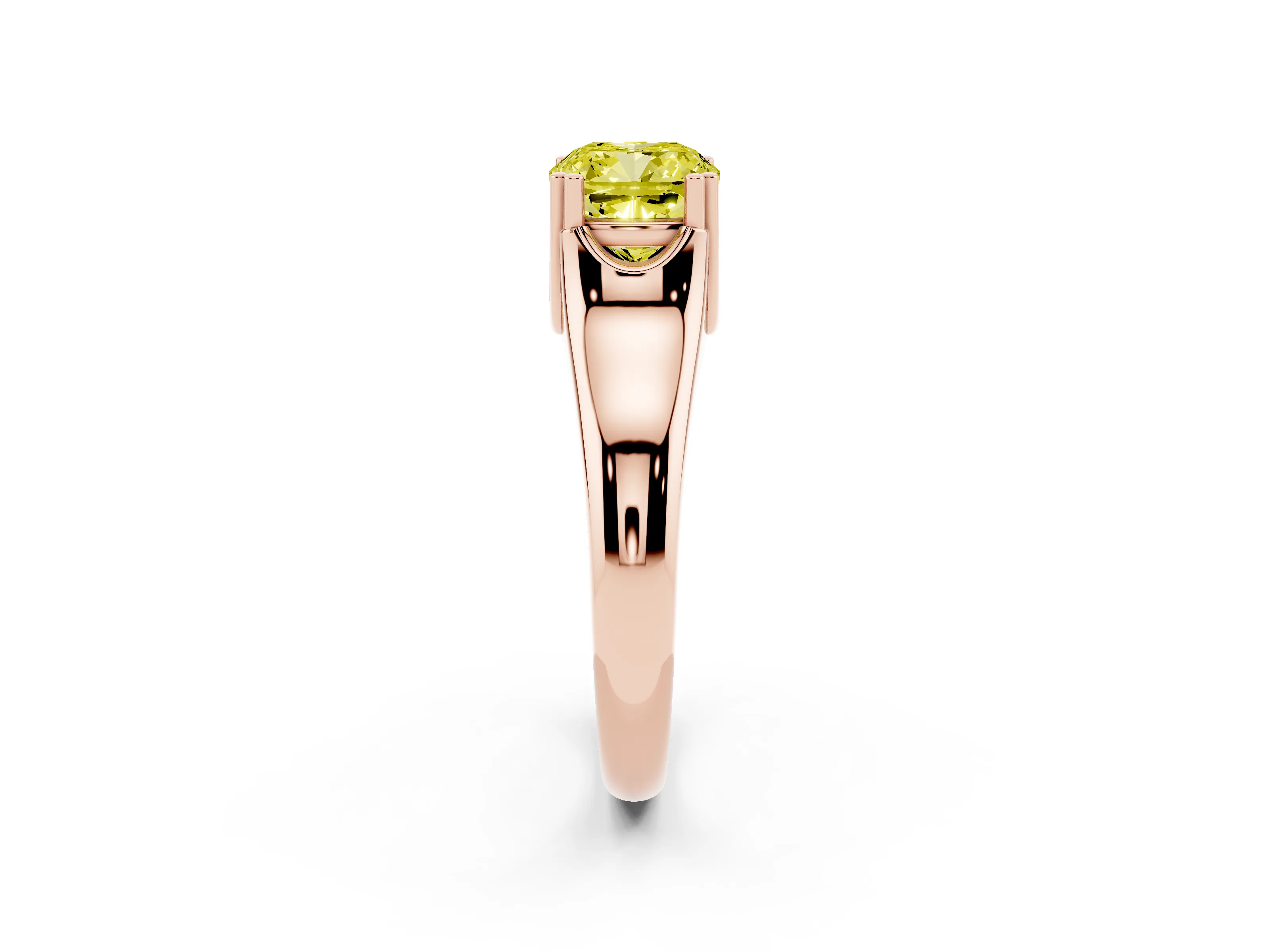 Fancy Yellow Cushion Cut Diamond Solitaire Ring Set in Rose gold with Wide Band and Prong Setting