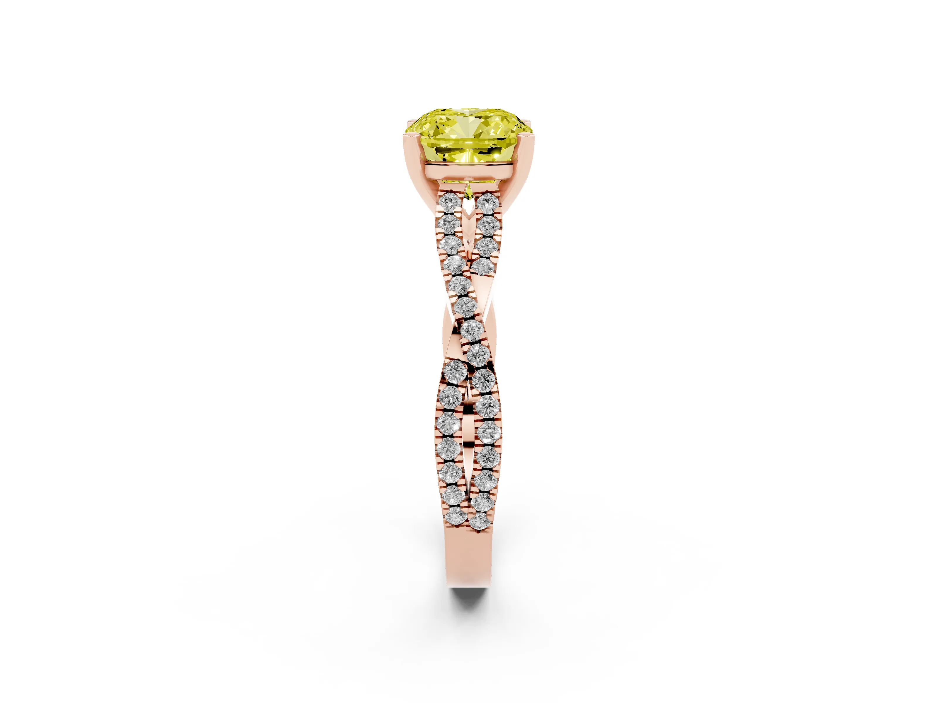Fancy Yellow Cushion Cut Diamond Solitaire Engagement Ring Set in Rose gold with Twisted Pavé Band and Prong Setting