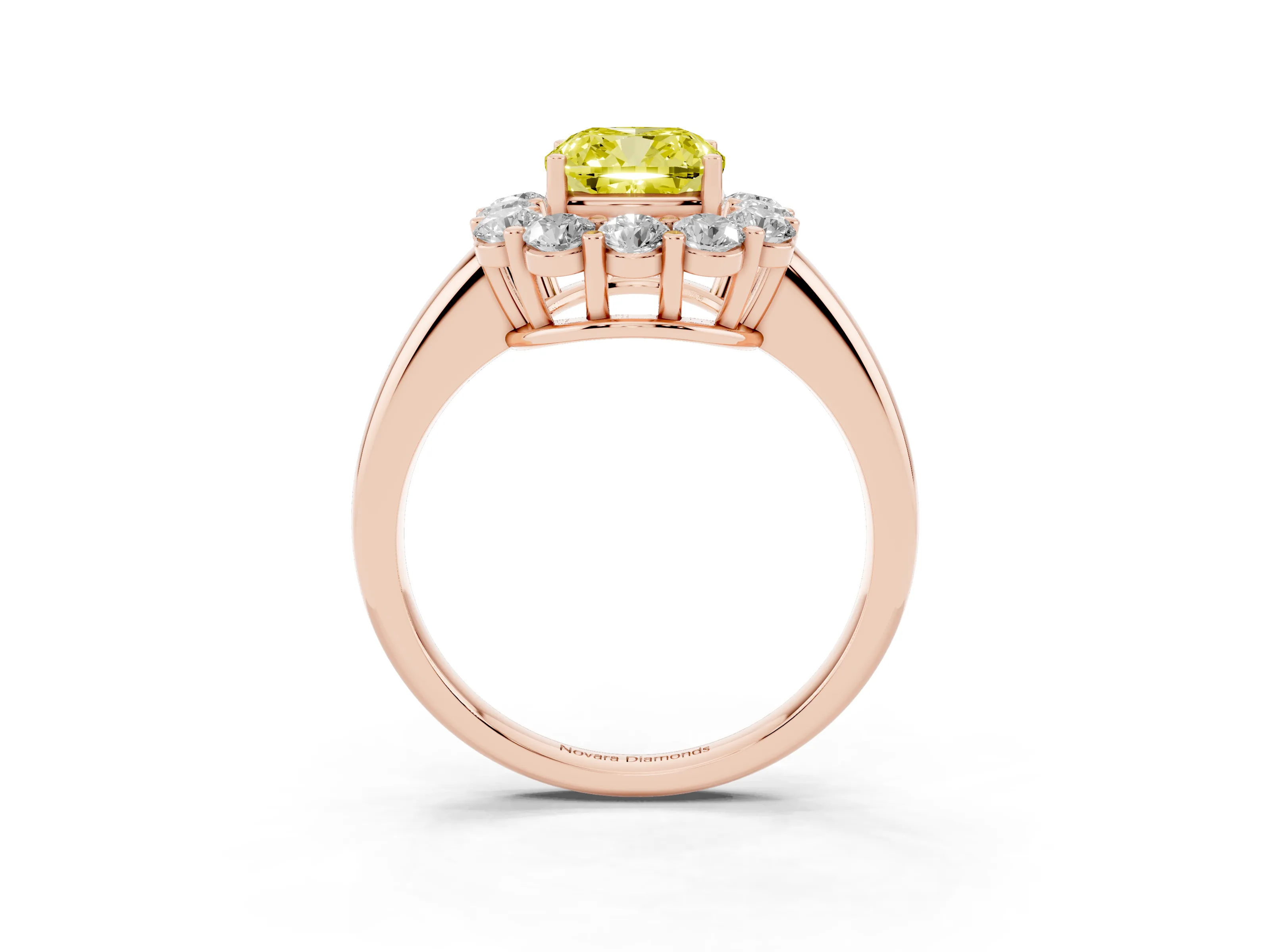 Fancy Yellow Cushion Cut Diamond Halo Cluster Engagement Ring Set in Rose gold with Polished Band and Prong Setting