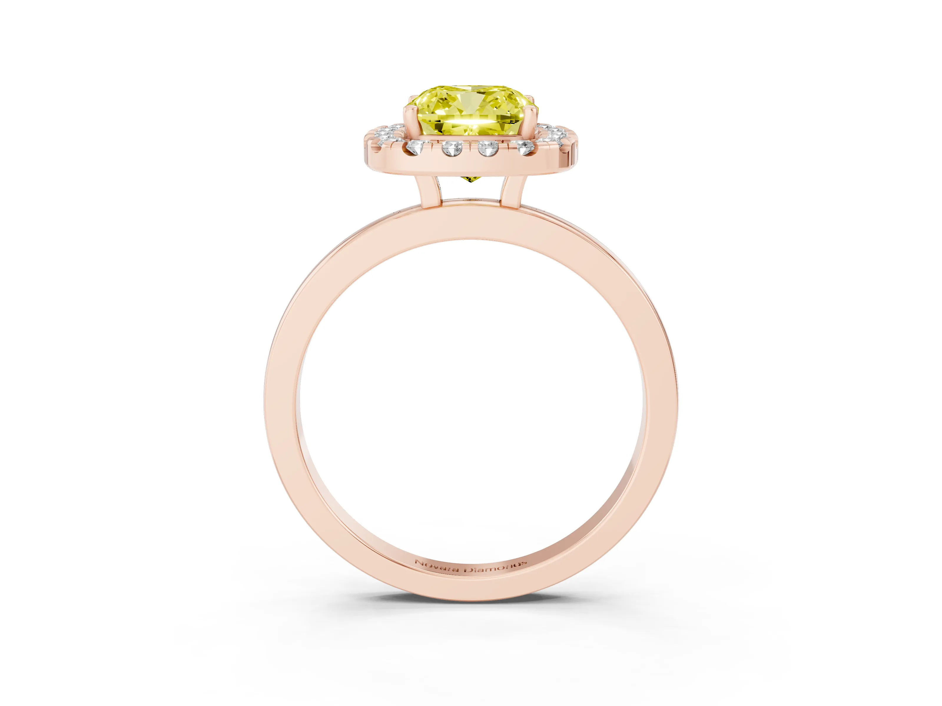 Fancy Yellow Cushion Cut Diamond Halo Solitaire Ring Set in Rose gold with Pavé Band and Prong Setting