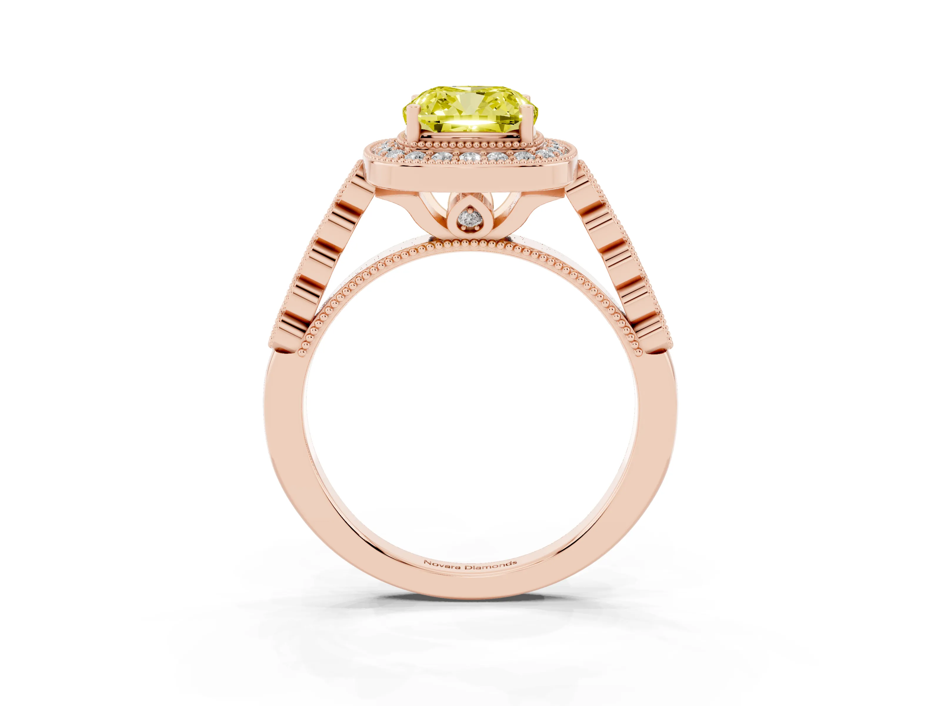 Fancy Yellow Cushion Cut Diamond Milgrain Halo Solitaire Ring Set in Rose gold with Bezel Set Side Stones and Pavé Band