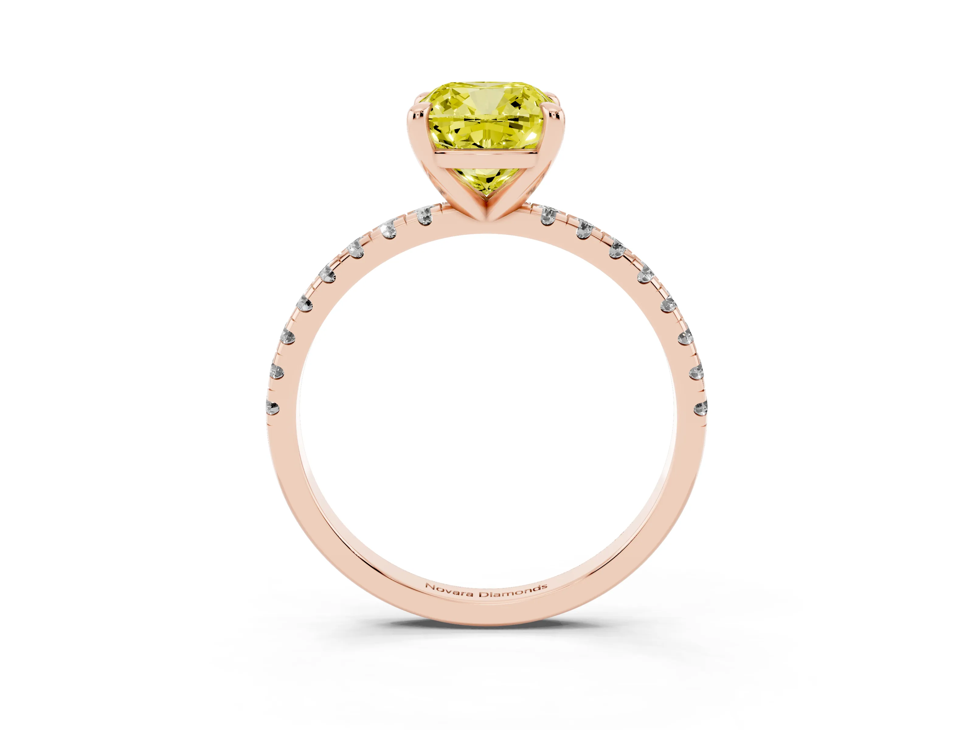 Fancy Yellow Cushion Cut Diamond Brilliant Solitaire Ring Set in Rose gold with Pavé Band and Prong Setting