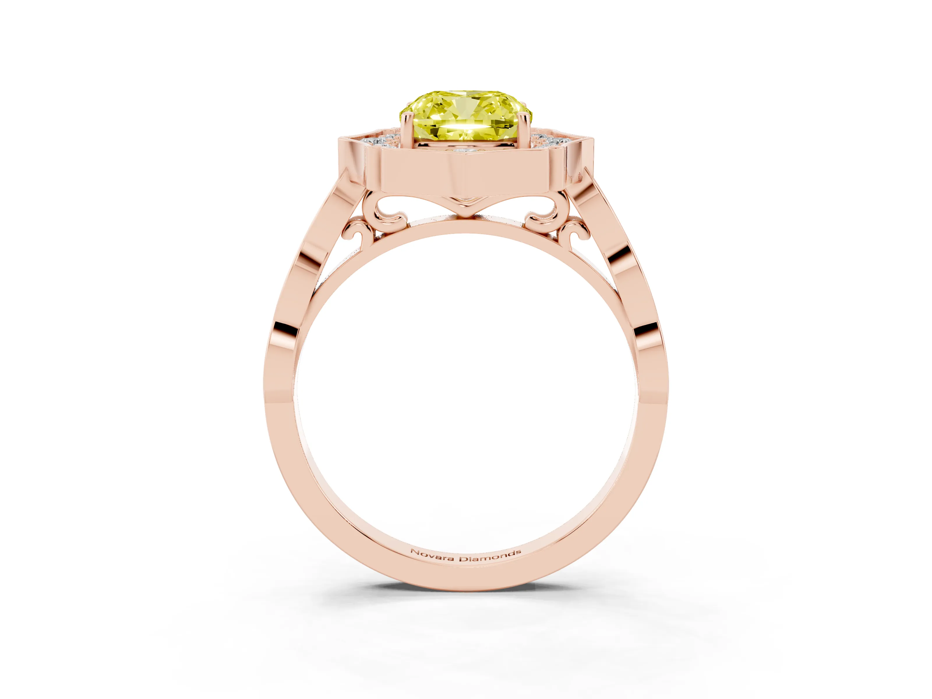 Fancy Yellow Cushion Cut Diamond Halo Engagement Ring Set in Rose gold with Milgrain Band and Prong Setting