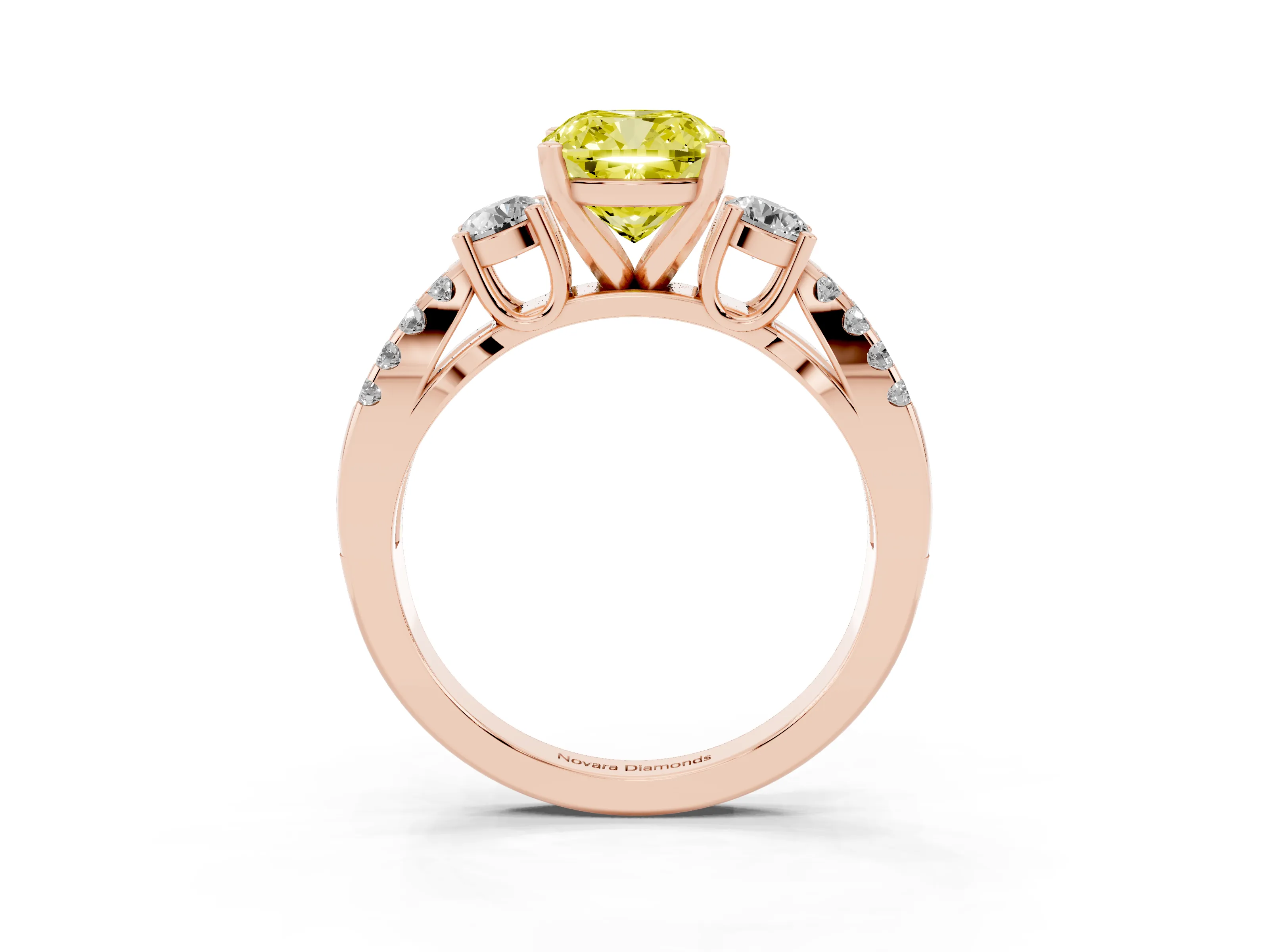 Fancy Yellow Cushion Cut Diamond Three-Stone Ring Set in Rose gold with Pavé Split Shank and Prong Setting