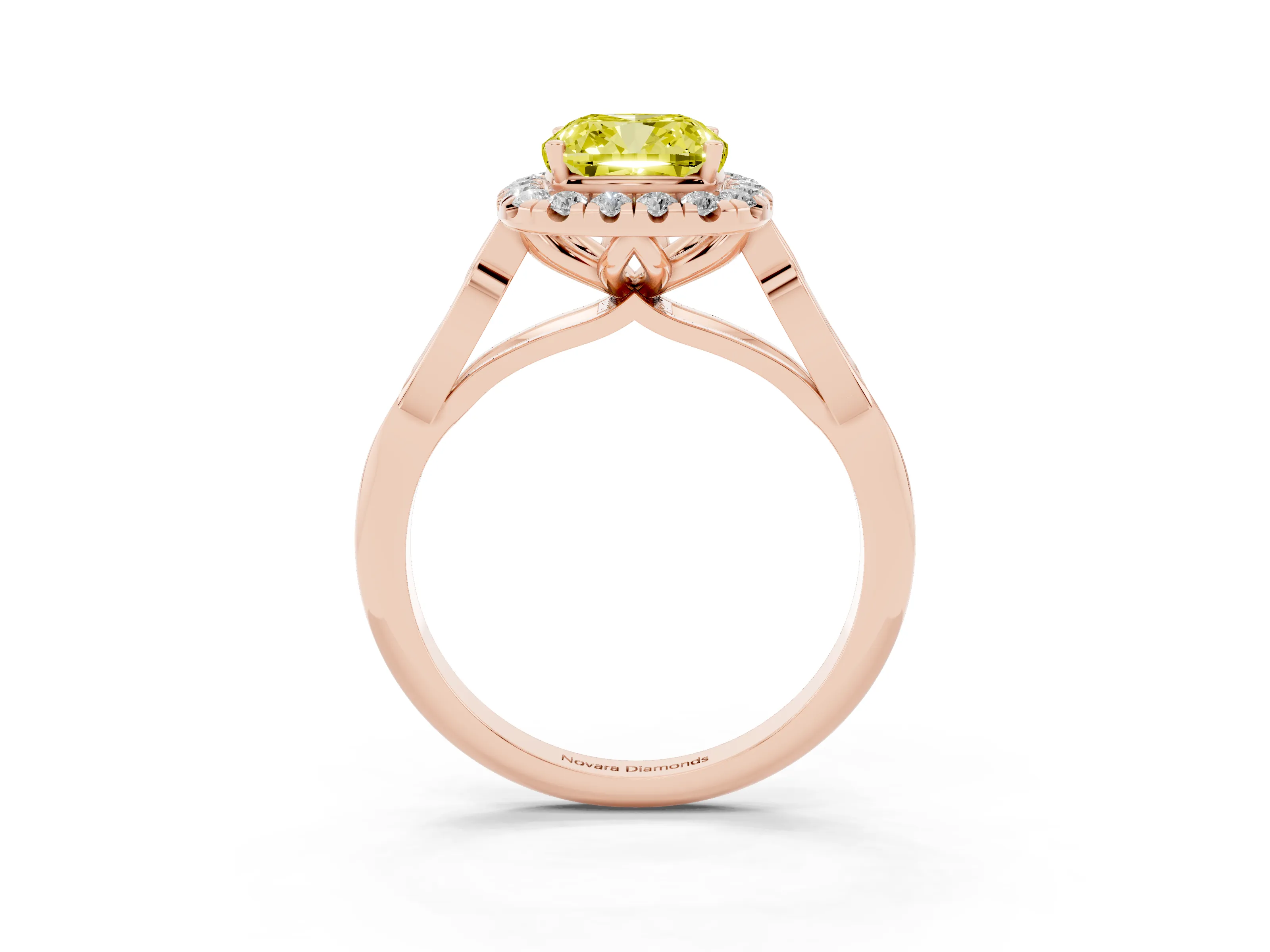Fancy Yellow Cushion Cut Diamond Halo Engagement Ring Set in Rose gold with Filigree Band and Prong-Set Center