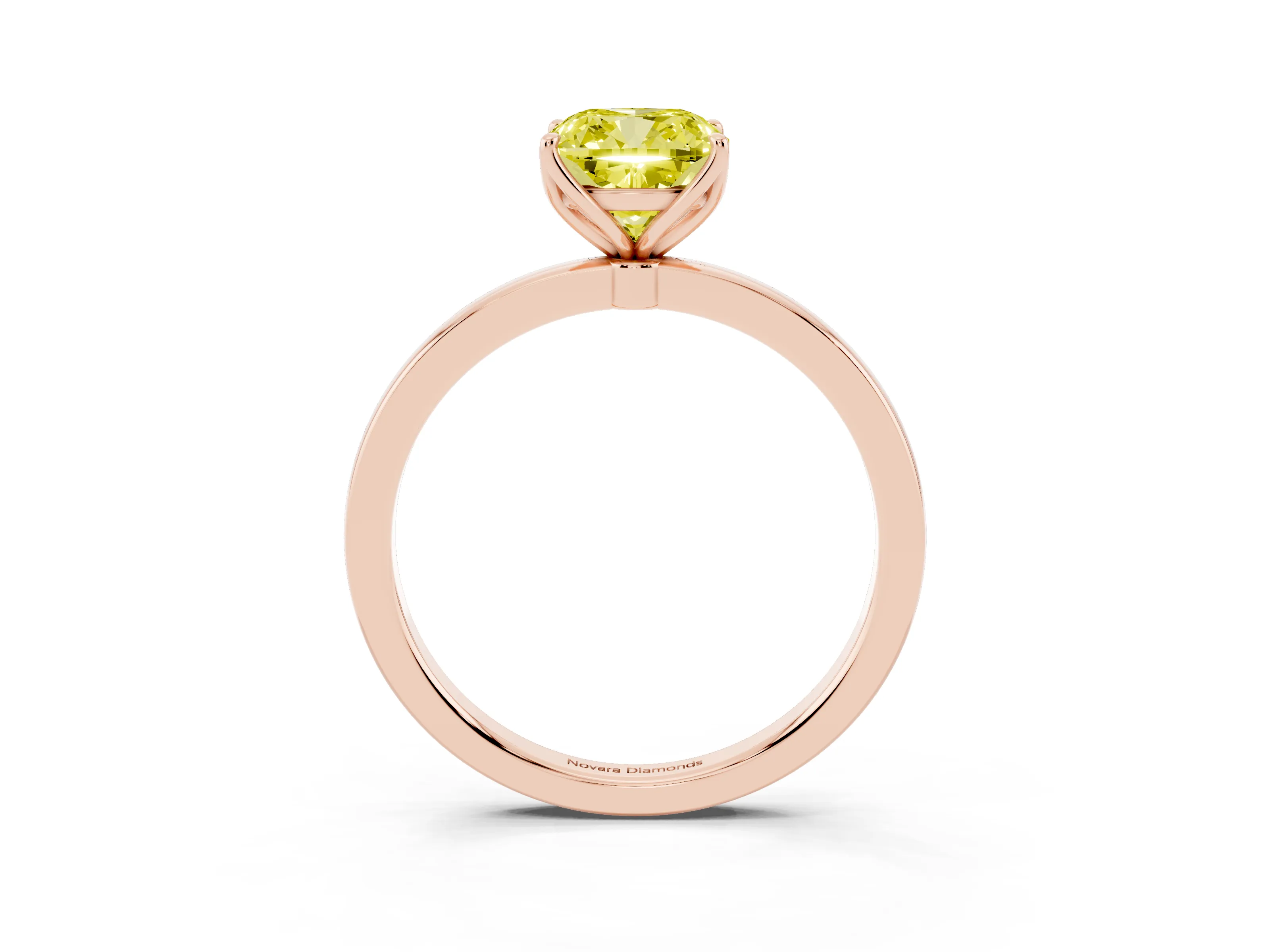 Fancy Yellow Cushion Cut Diamond Solitaire Ring Set in Rose gold with Prong Setting and Thin Polished Band