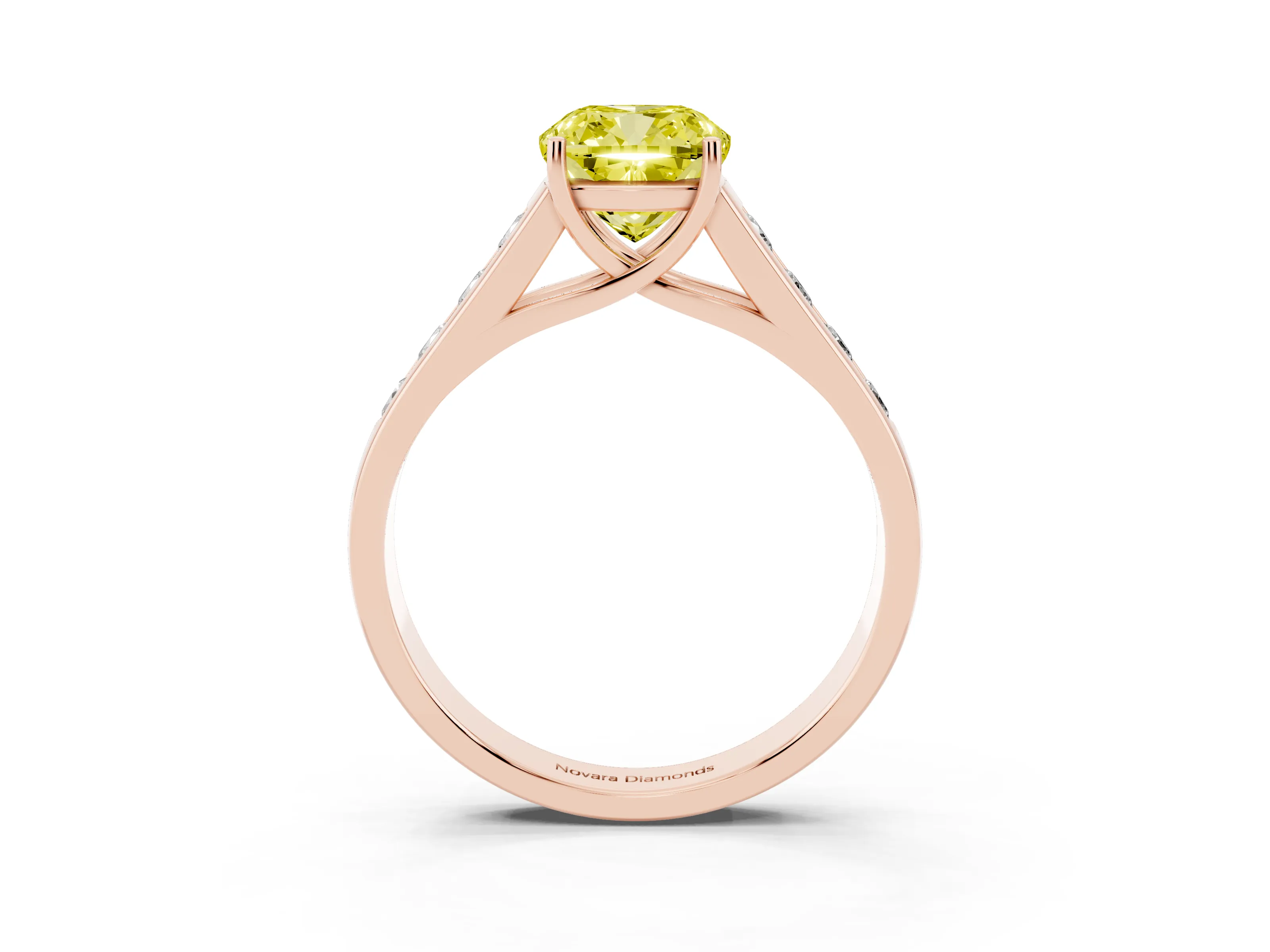 Fancy Yellow Cushion Cut Diamond Brilliant Channel-Set Solitaire Ring Set in Rose gold with Prong Setting