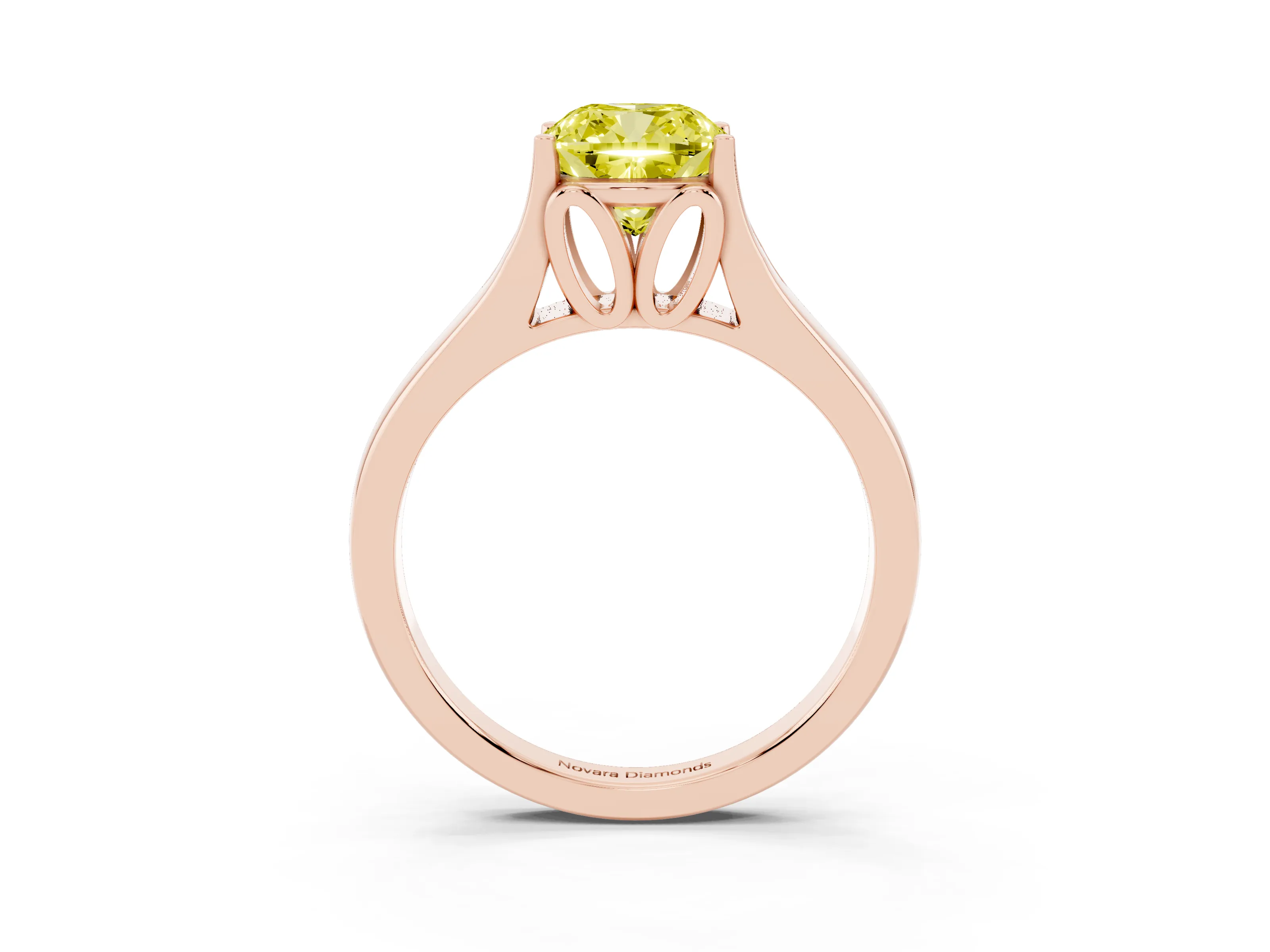 Fancy Yellow Cushion Cut Diamond Solitaire Ring Set in Rose gold with Arched Cathedral Band and Prong Setting