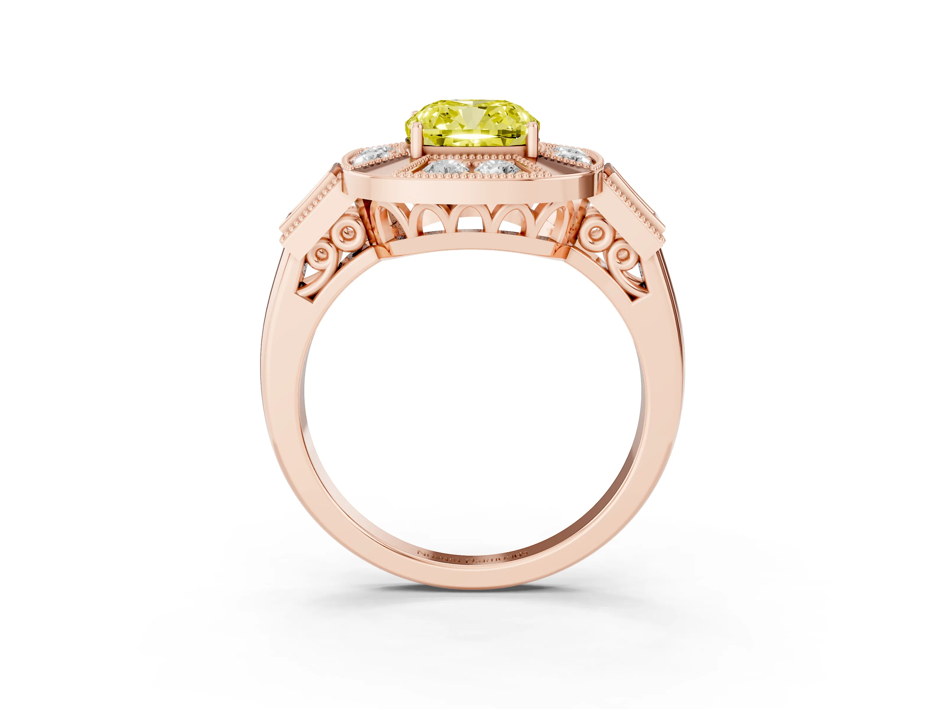 Fancy Yellow Cushion Cut Diamond Milgrain Halo Ring Set in Rose gold with Split Shank