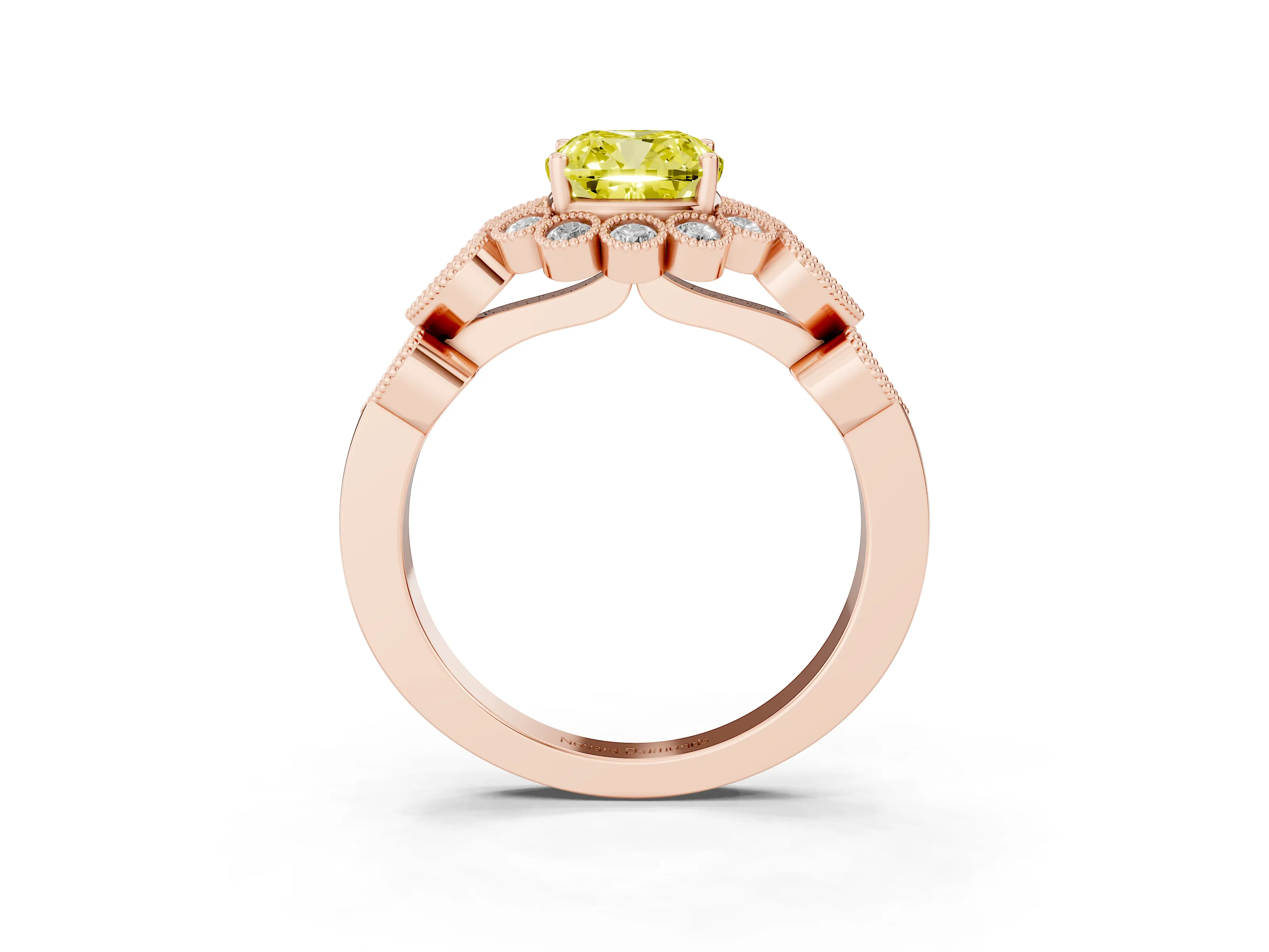 Fancy Yellow Cushion Cut Diamond Solitaire Ring Set in Rose gold with Milgrain Pavé Heart Band