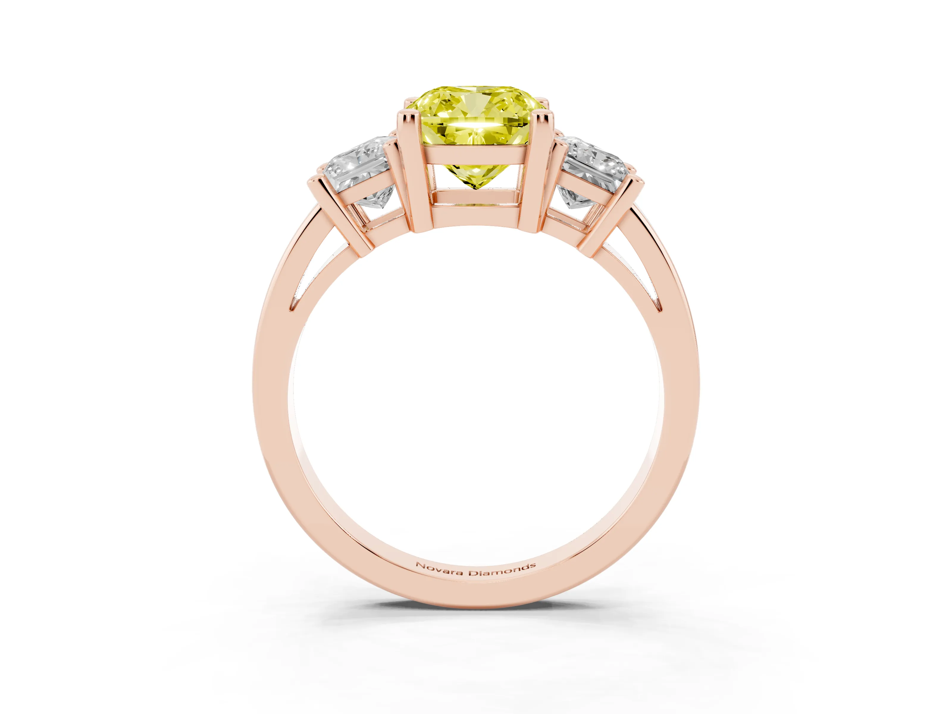 Fancy Yellow Three-Stone Cushion Cut Diamond Solitaire Ring Set in Rose gold with Prong Setting