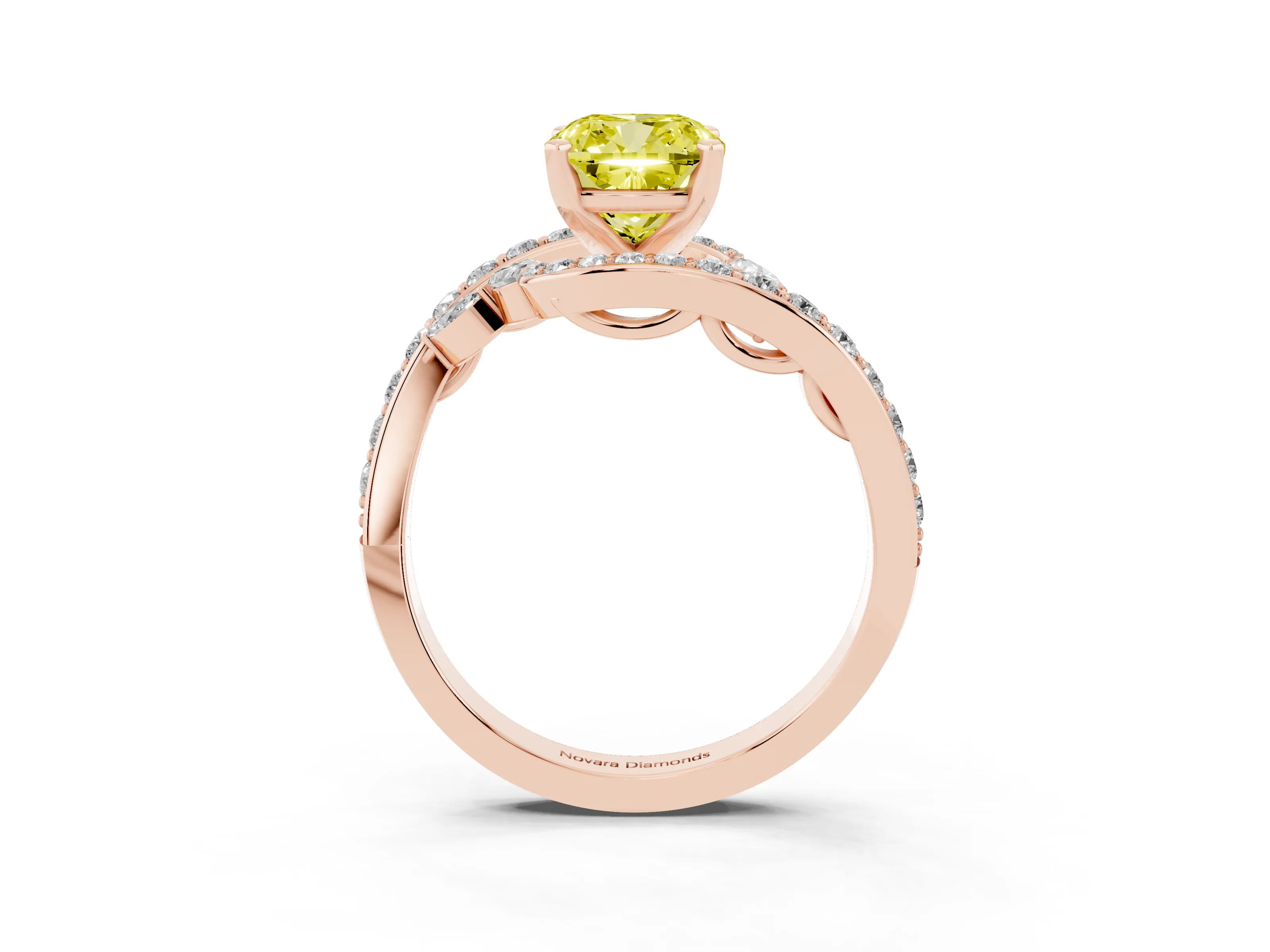 Fancy Yellow Cushion Cut Diamond Solitaire Ring Set in Rose gold with Pavé Twist Band and Secure Prong Setting