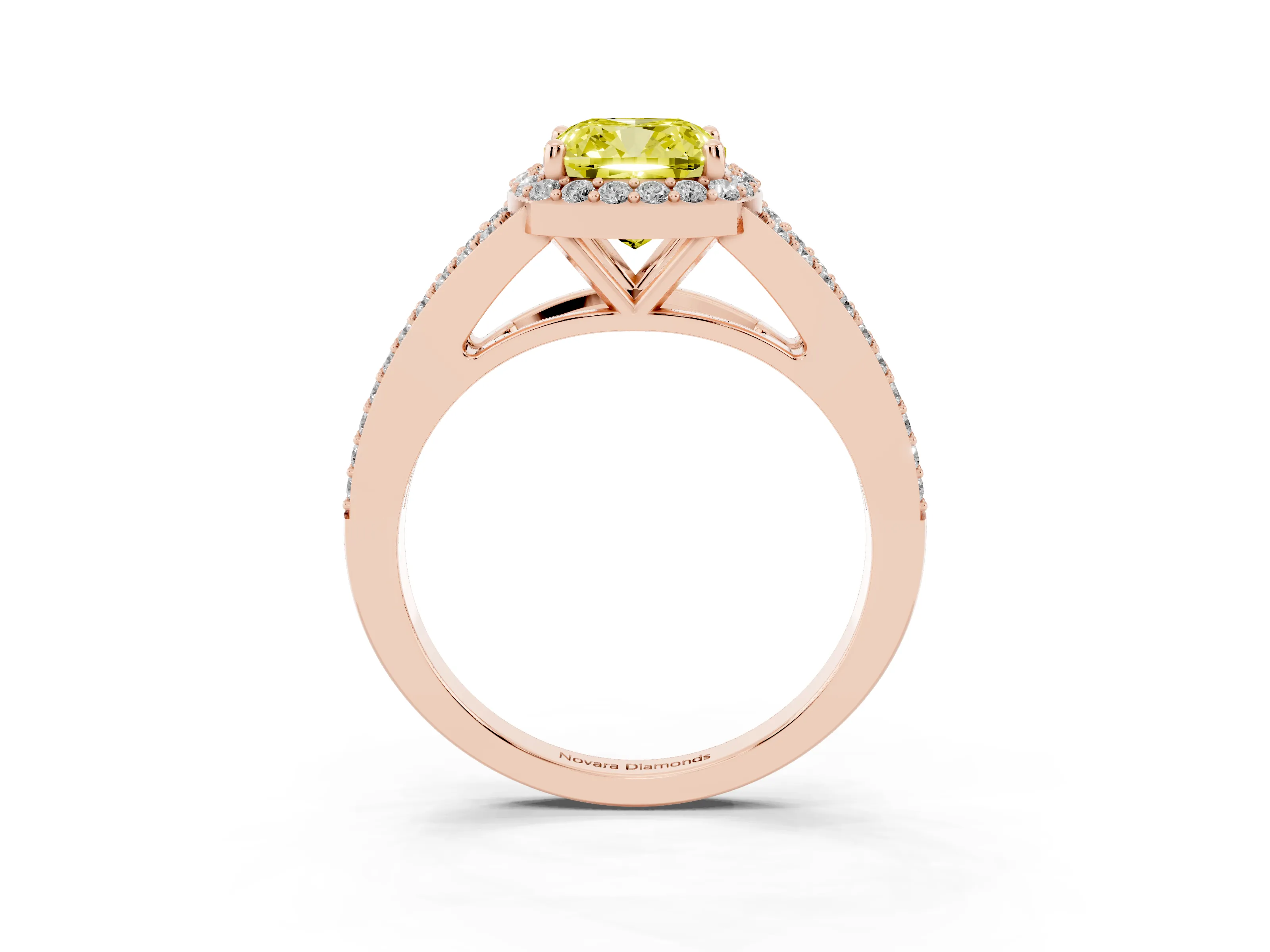 Fancy Yellow Cushion Cut Diamond Halo Split Shank Ring Set in Rose gold with Accent Stones and Prong Setting
