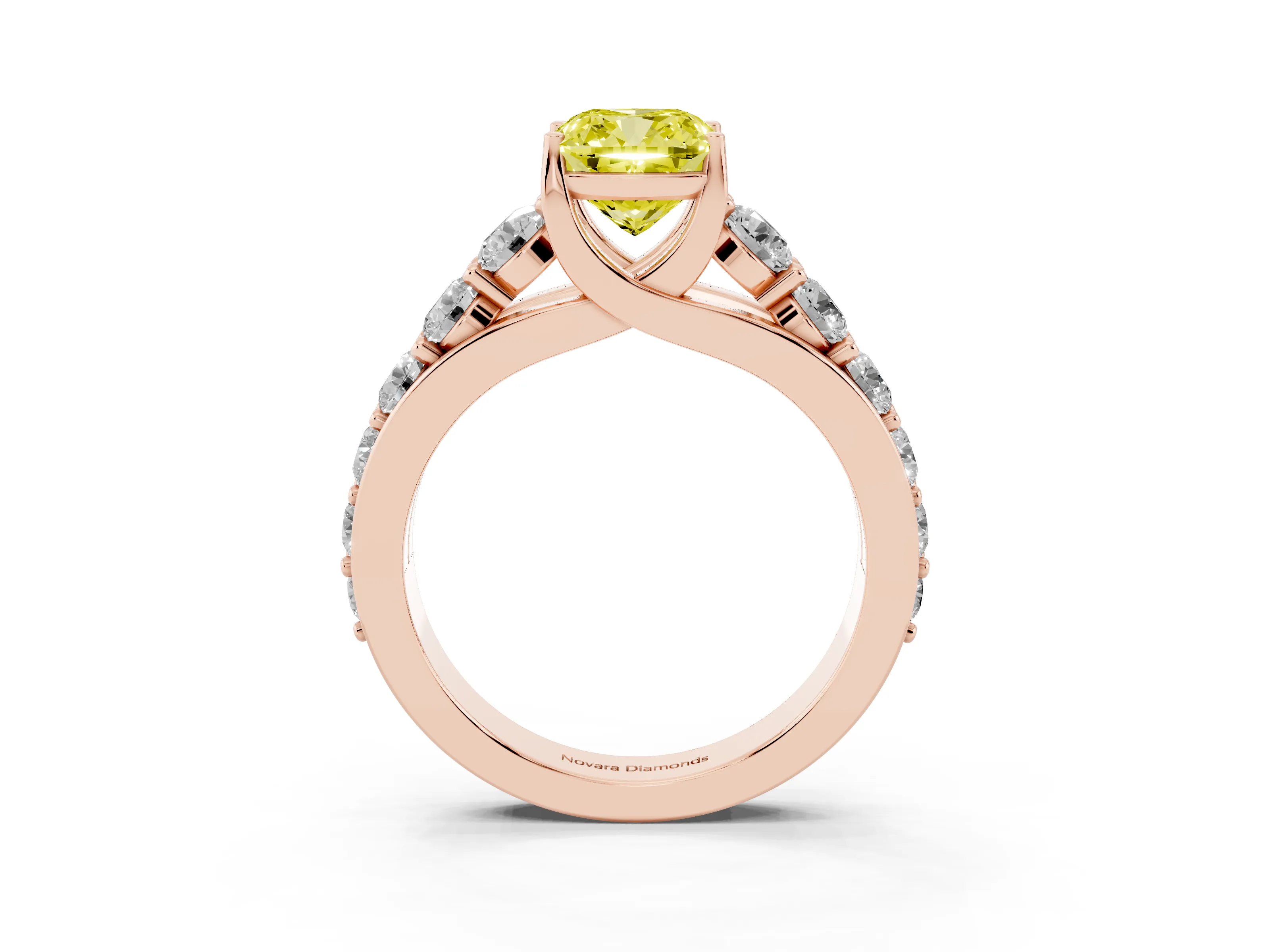Fancy Yellow Cushion Cut Diamond Pavé Engagement Ring Set in Rose gold with Prong Setting
