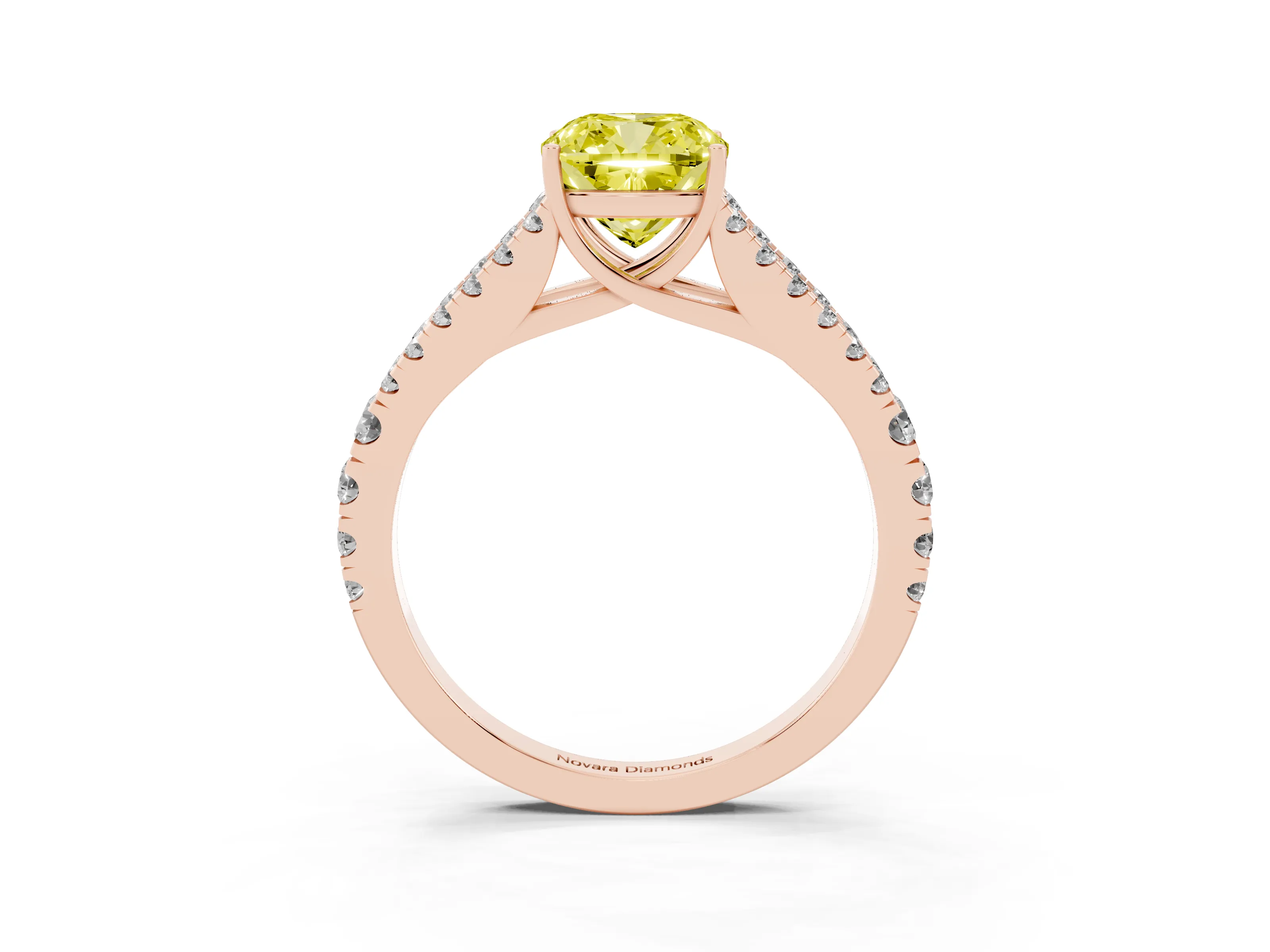 Fancy Yellow Cushion Cut Diamond Split Shank Pavé Engagement Ring Set in Rose gold with Prong-Held Center Stone