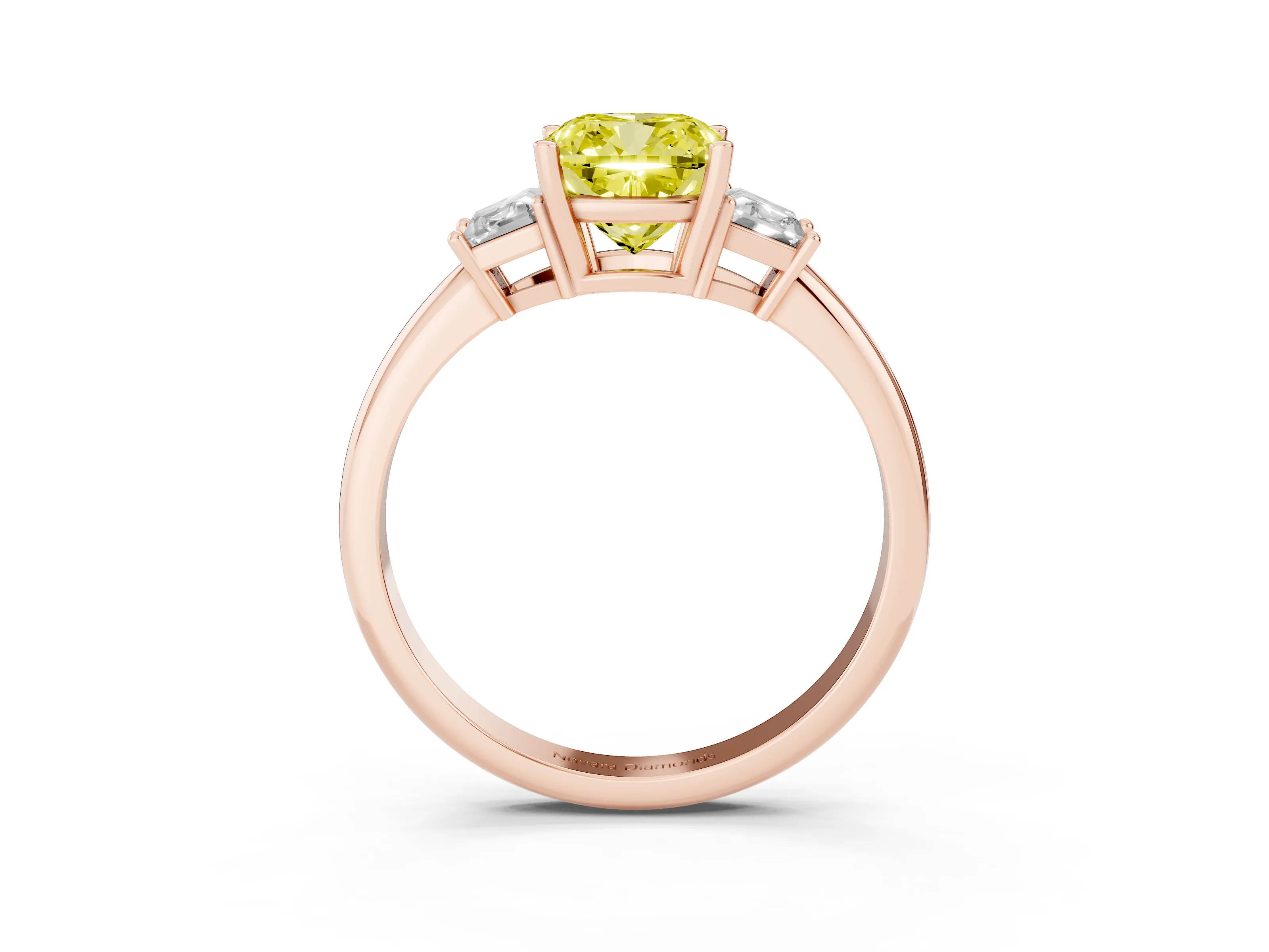 Fancy Yellow Cushion Cut Diamond Three-Stone Ring Set in Rose gold with Trapezoid Side Stones and Prong Setting