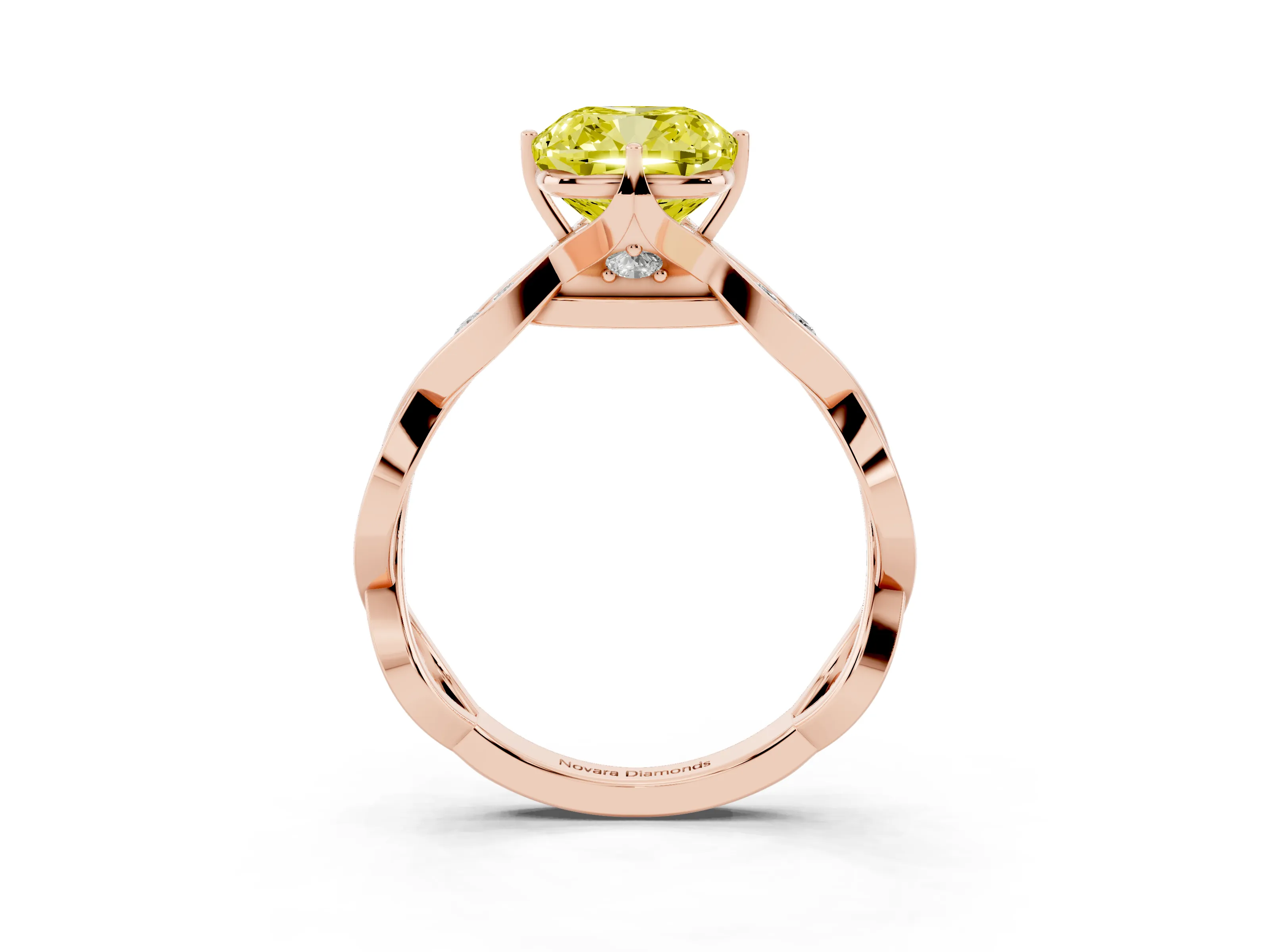 Fancy Yellow Cushion Cut Diamond Twist Band Solitaire Ring Set in Rose gold with Leaf Prong Setting and Accent Stones