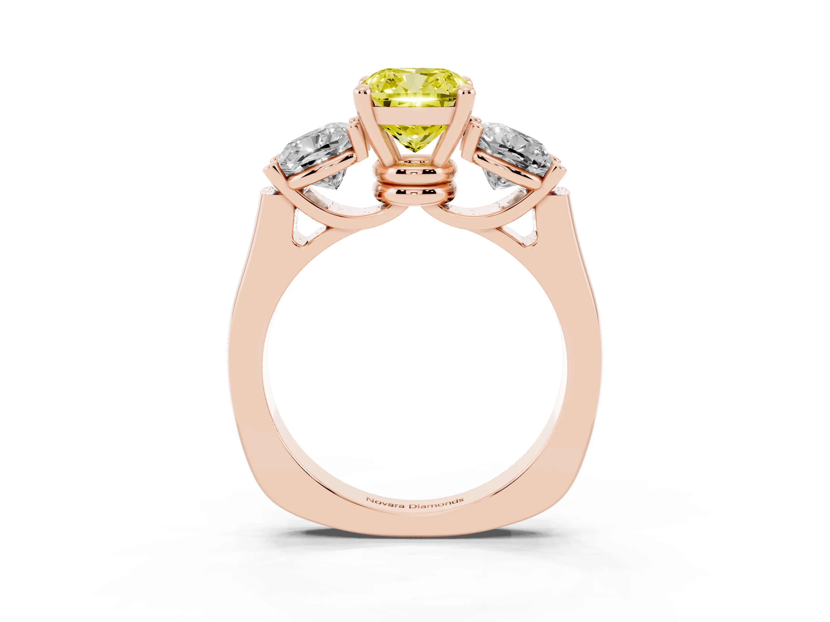 Fancy Yellow Cushion Cut Diamond Three-Stone Trellis Ring Set in Rose gold with Comfort Fit Band