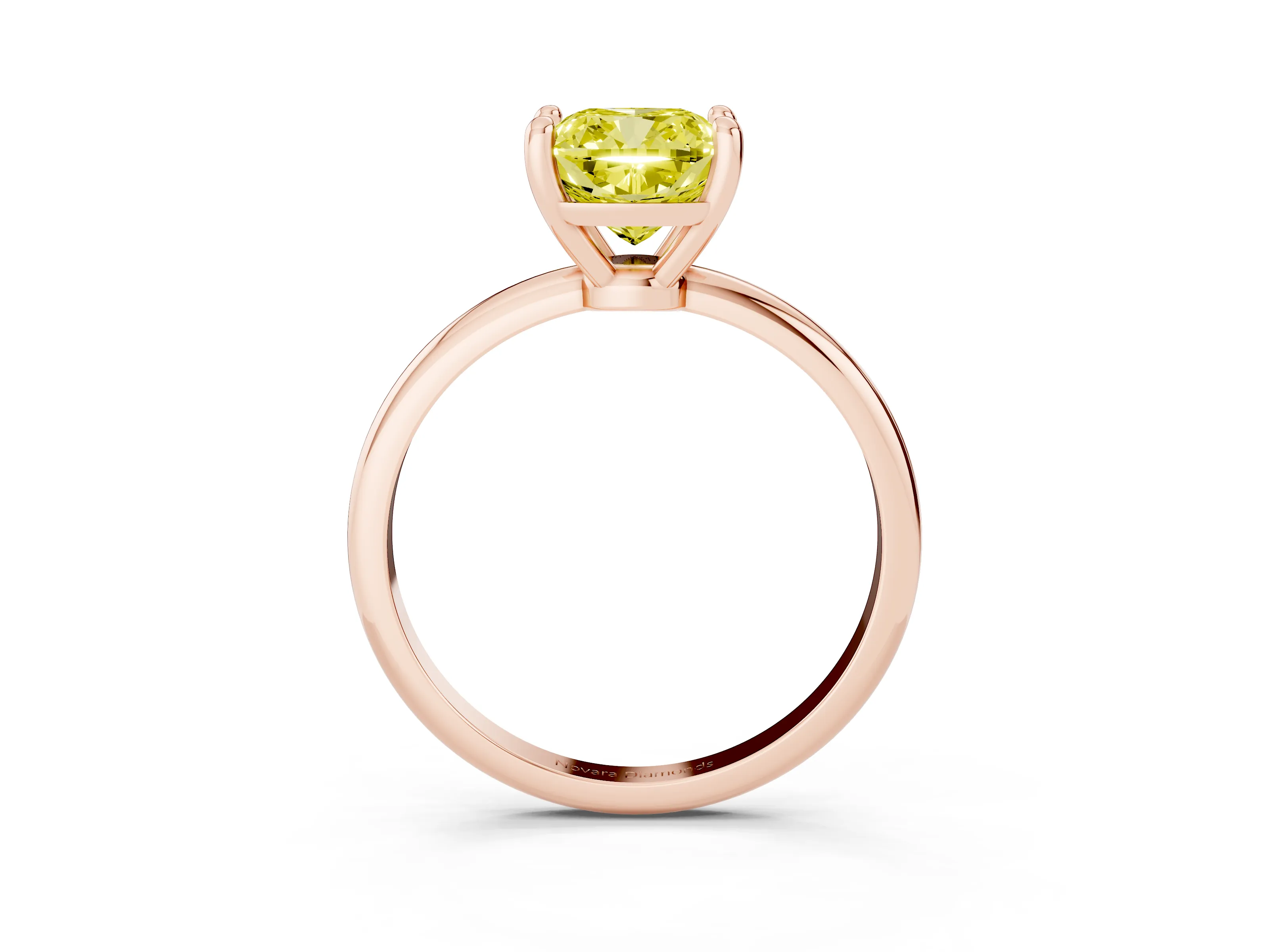 Fancy Yellow Cushion Cut Diamond Solitaire Ring Set in Rose gold with Secure Prong Setting on a Classic Band