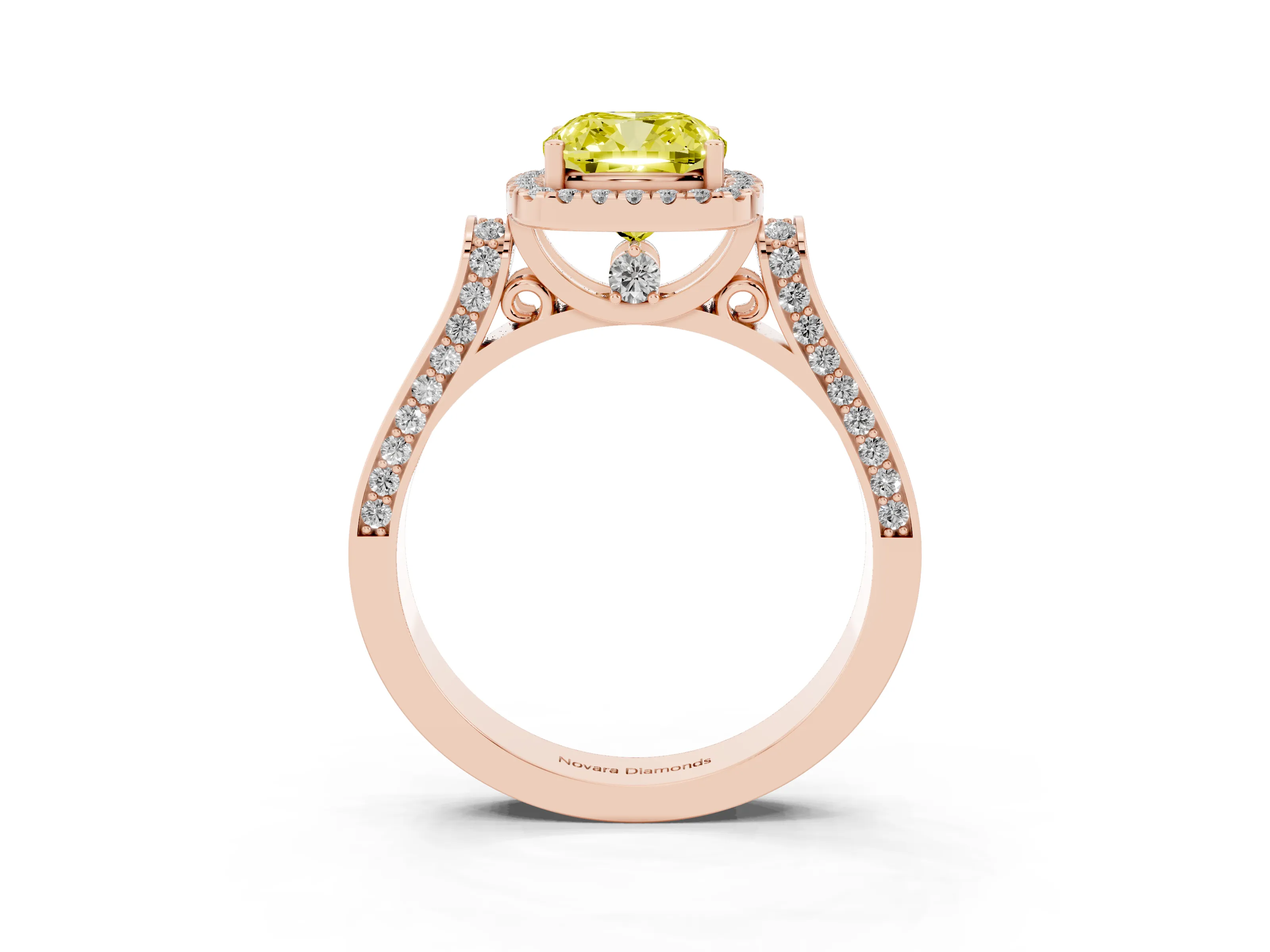 Fancy Yellow Cushion Cut Diamond Halo Ring Set in Rose gold with Pavé-Lined Split Shank Band
