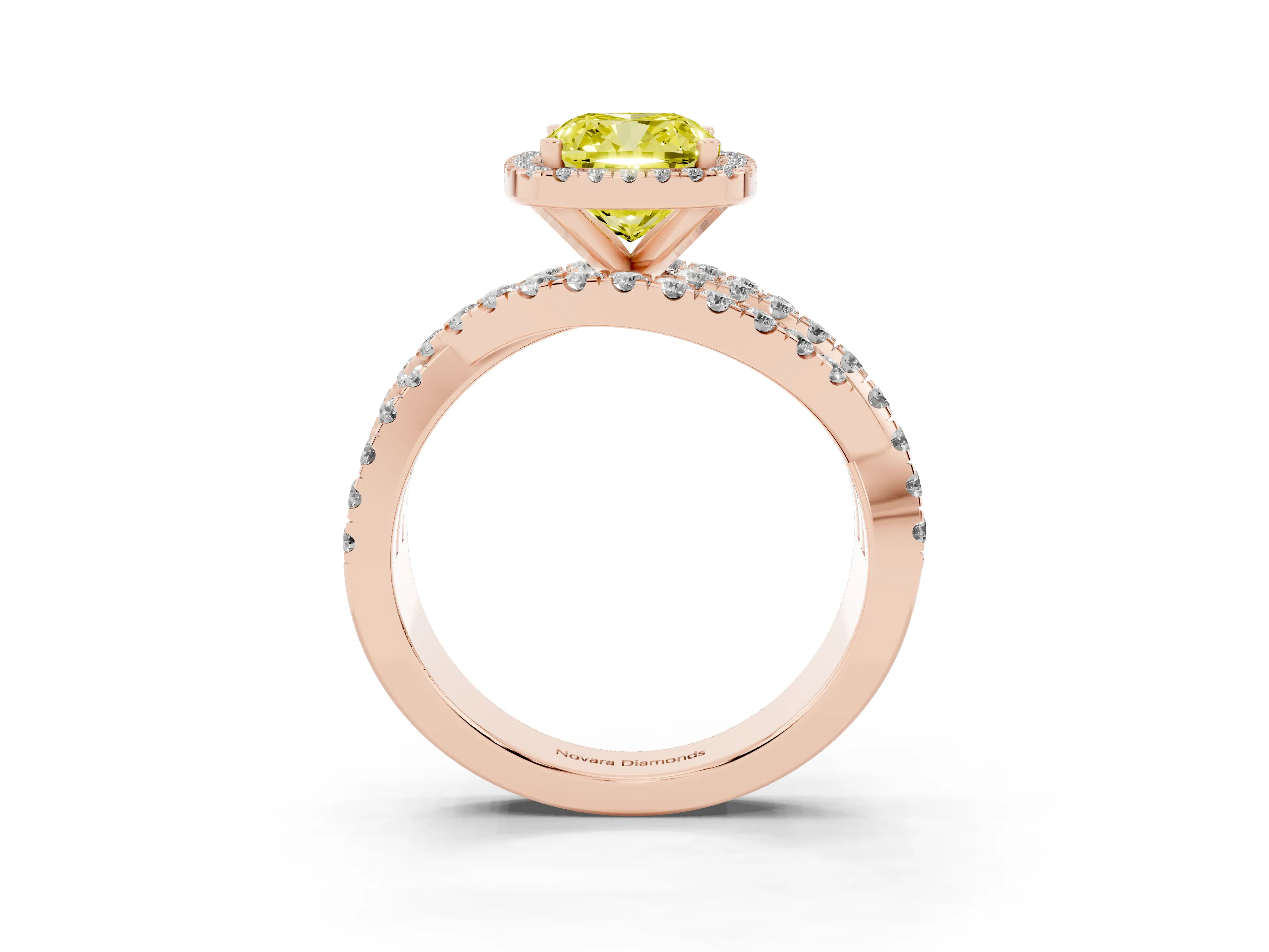 Fancy Yellow Cushion Cut Diamond Halo Ring Set in Rose gold with Round Crossover Split Shank and Prong Setting