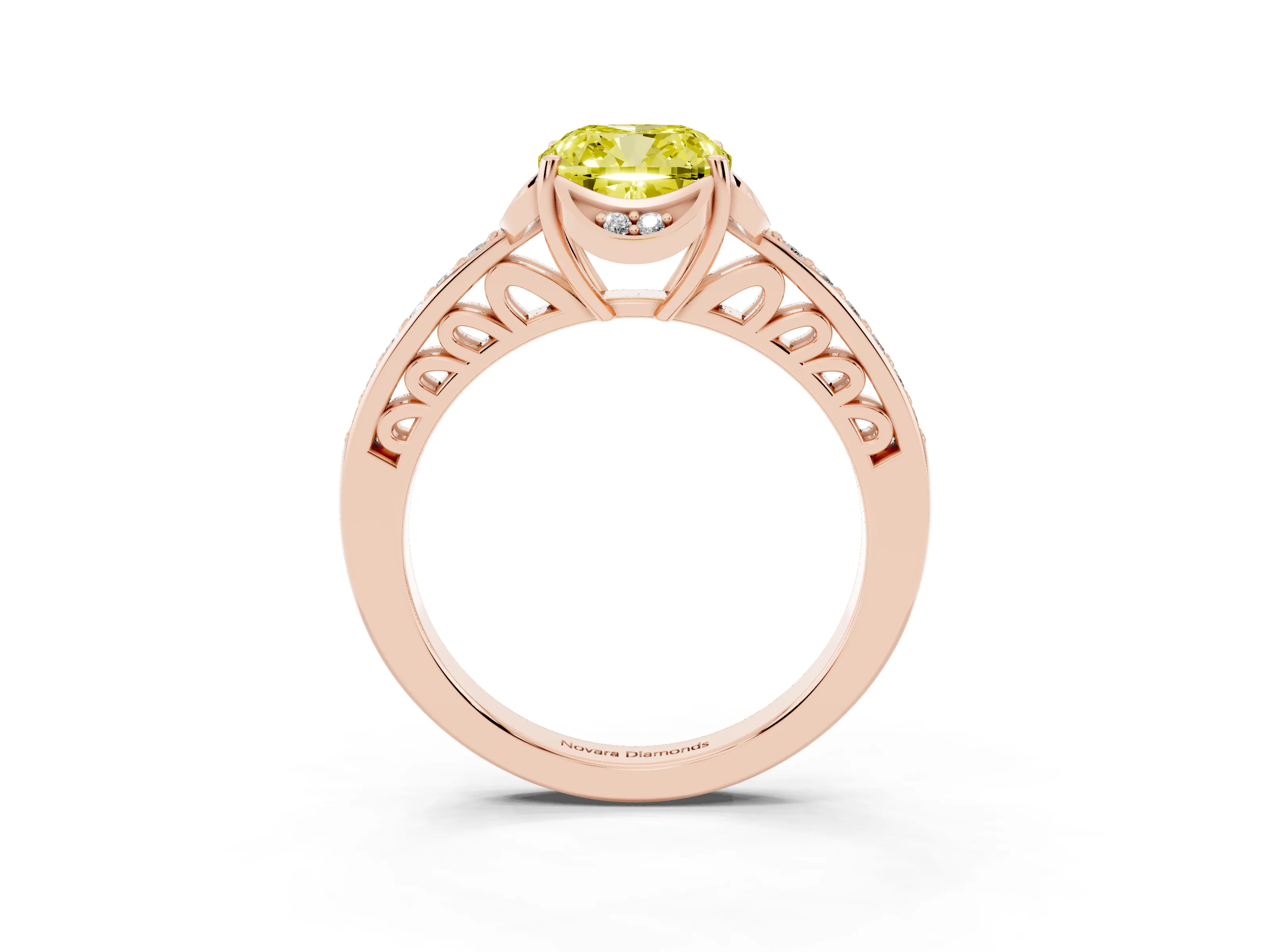 Fancy Yellow Cushion Cut Diamond Halo Ring Set in Rose gold with Channel Set Band and Prong Setting