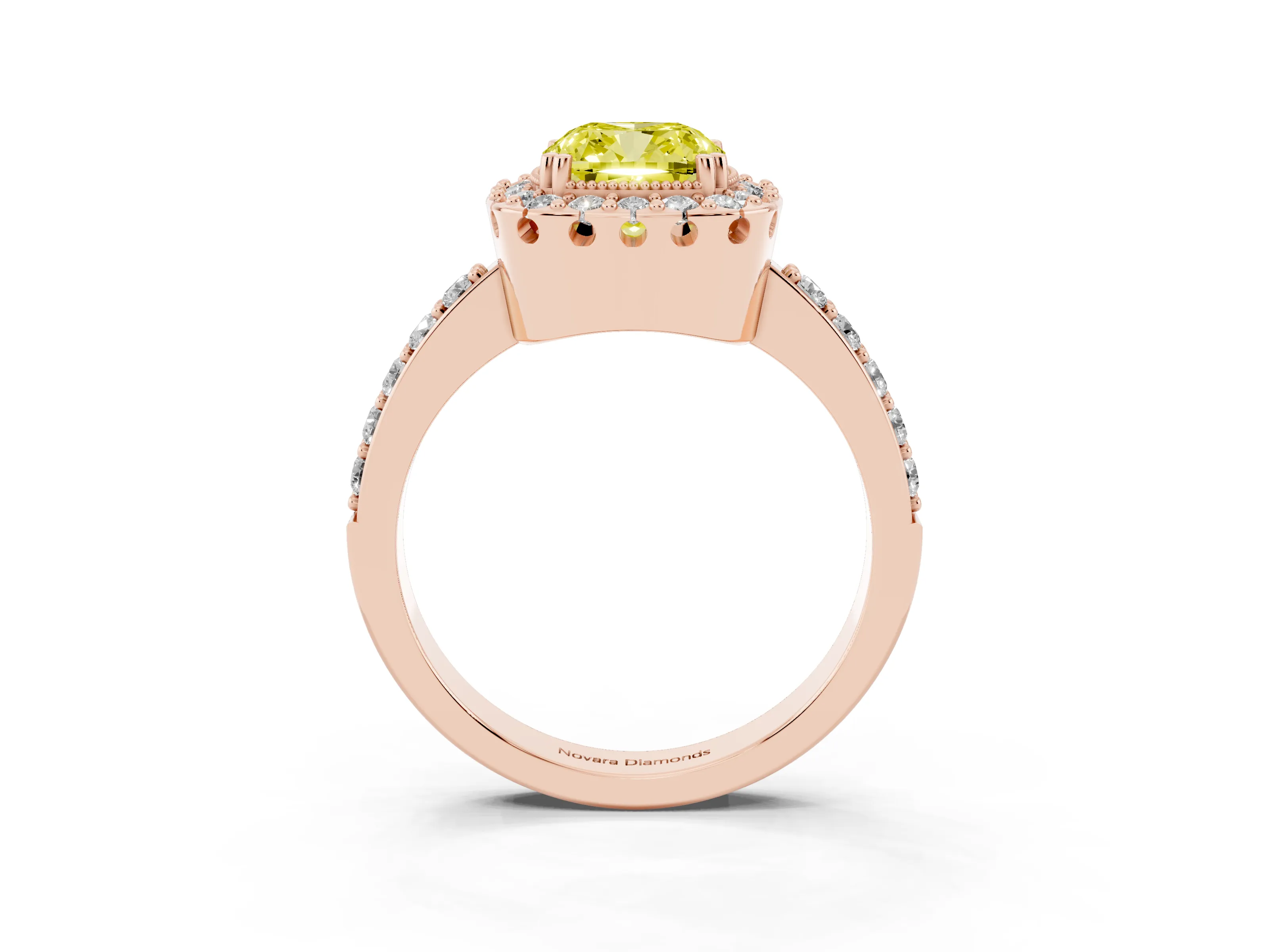 Fancy Yellow Cushion Cut Diamond Halo Ring Set in Rose gold with Pavé Shank and Prong Setting