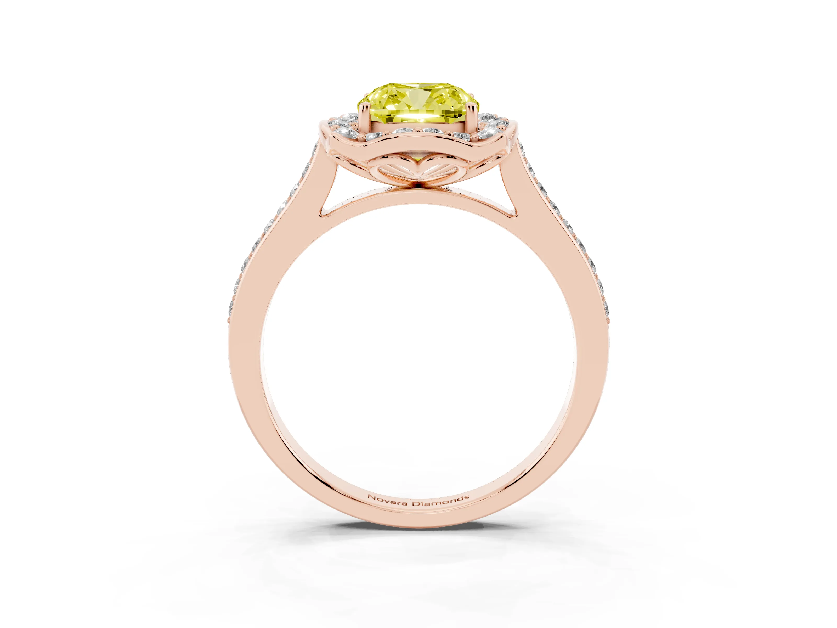 Fancy Yellow Cushion Cut Diamond Halo Ring Set in Rose gold with Pavé-Lined Shoulders and Prong Setting