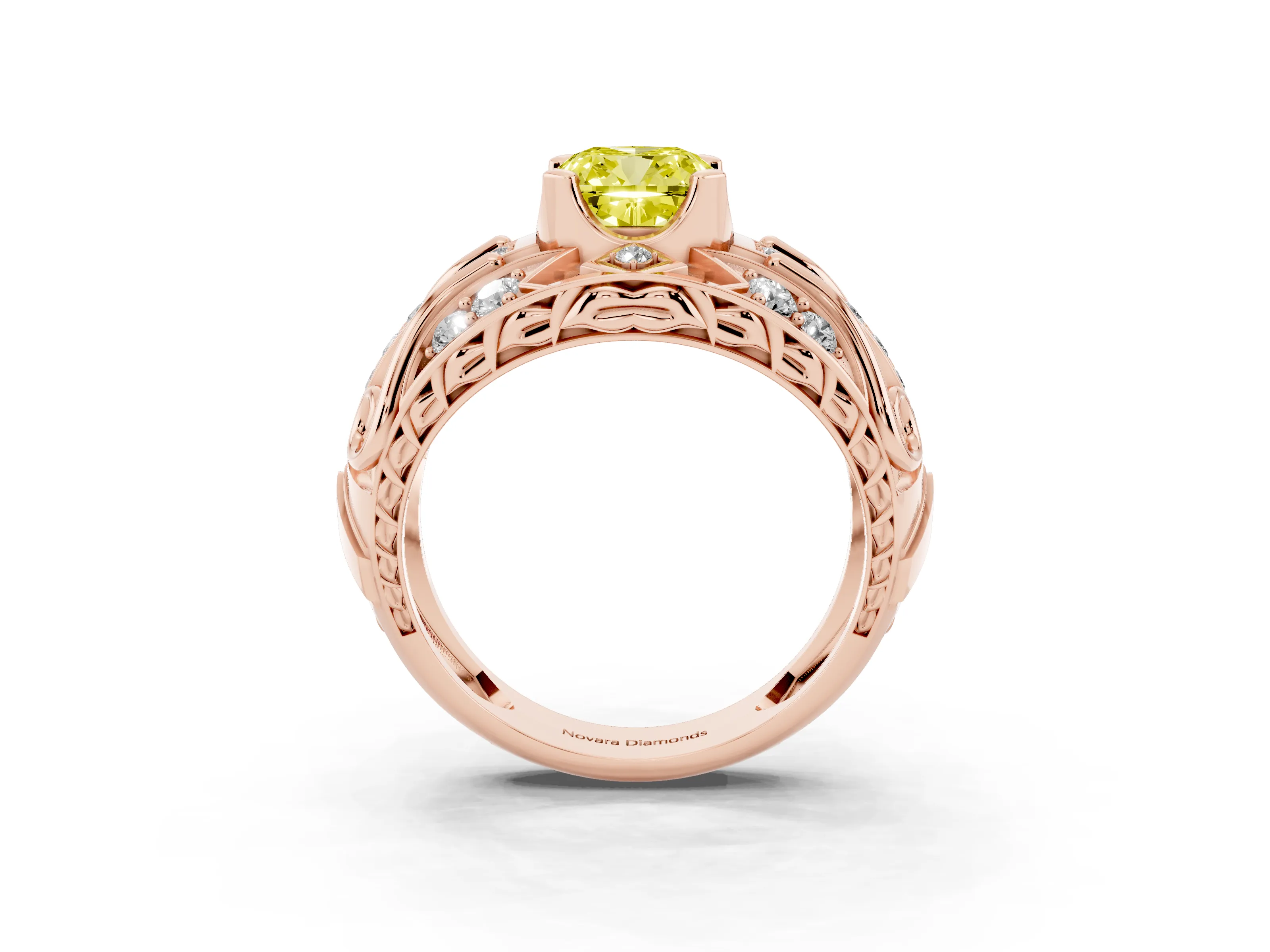 Fancy Yellow Cushion Cut Diamond Art Deco Ring Set in Rose gold with Pavé Split Shank