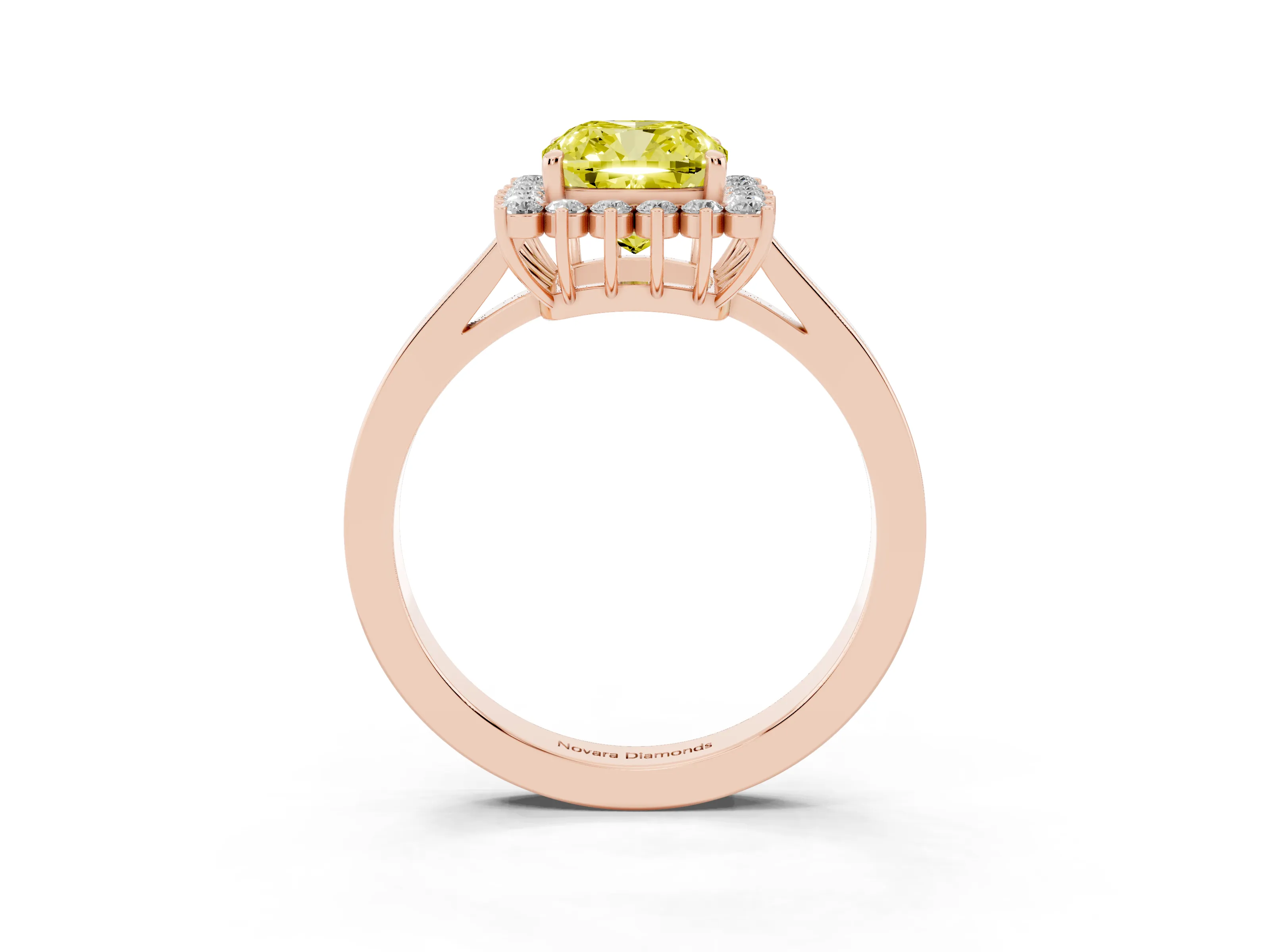 Fancy Yellow Cushion Cut Diamond Halo Ring Set in Rose gold with Round Halo and Smooth Solitaire Band