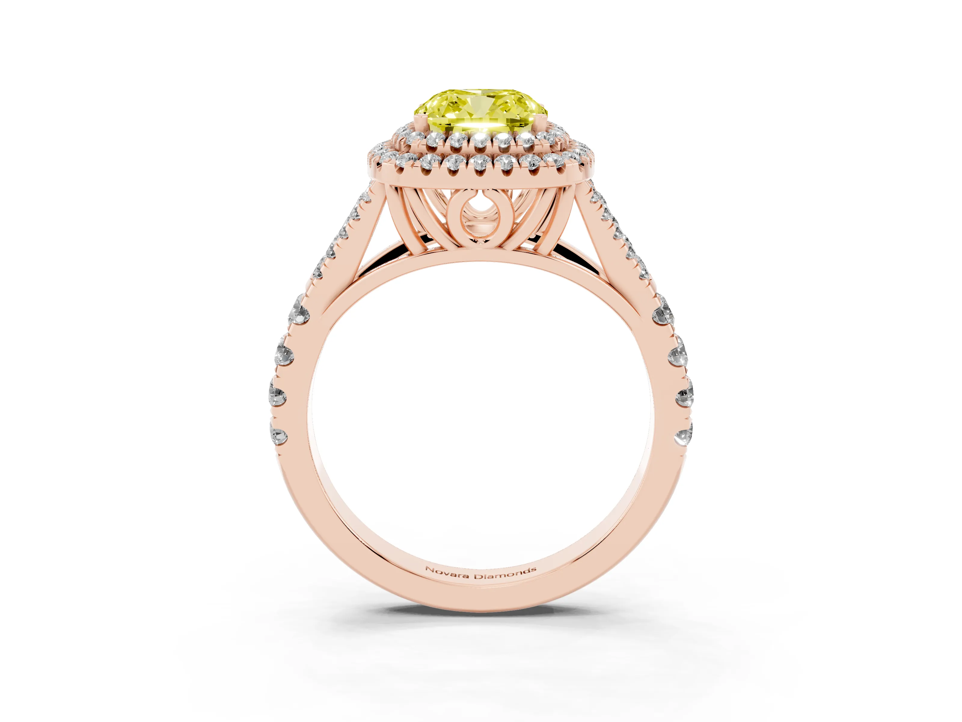 Fancy Yellow Cushion Cut Diamond Pavé Split Shank Double Halo Engagement Ring Set in Rose gold