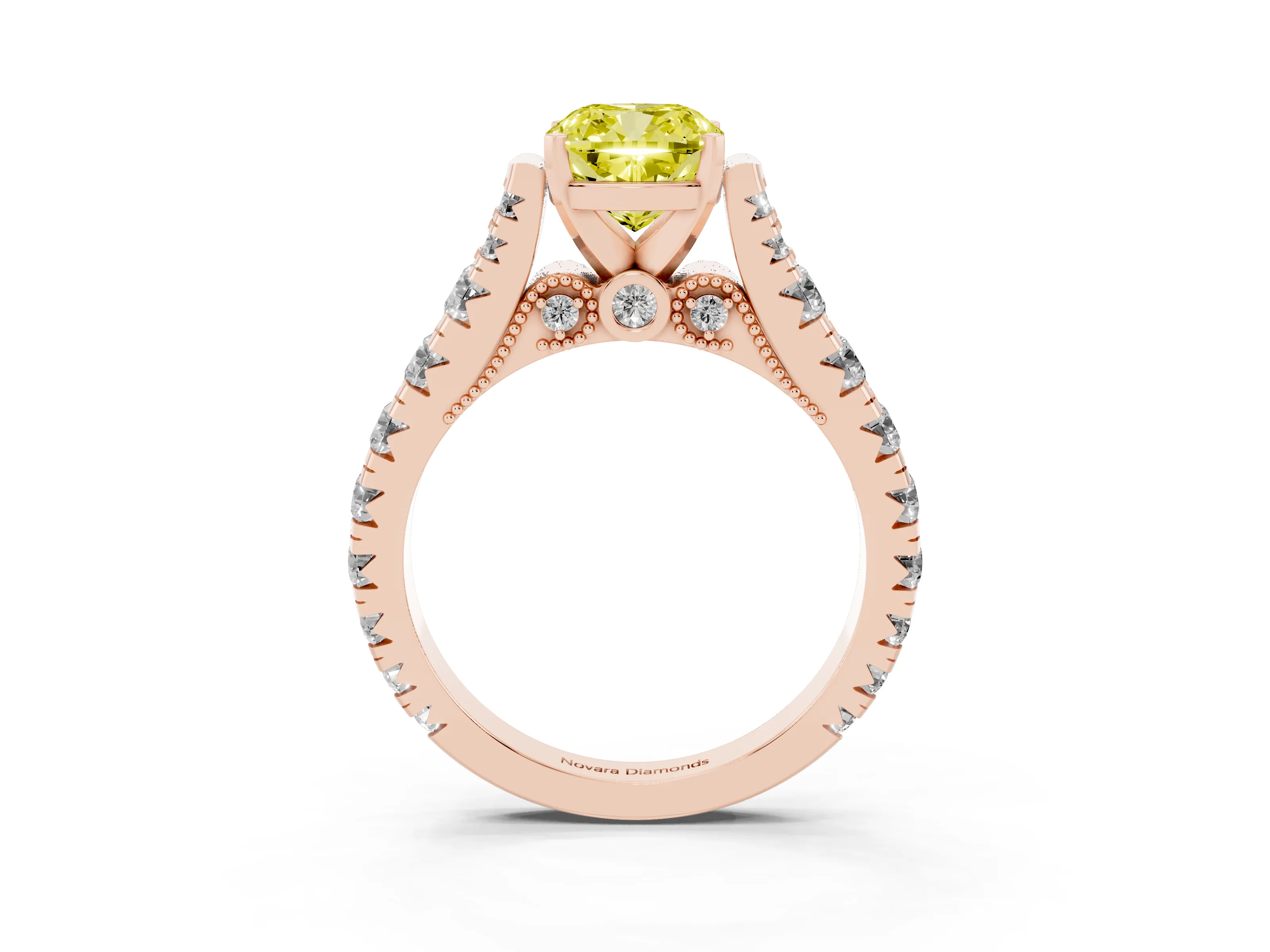 Fancy Yellow Cushion Cut Diamond Classic Solitaire Ring Set in Rose gold with Pavé Band and Prong Setting