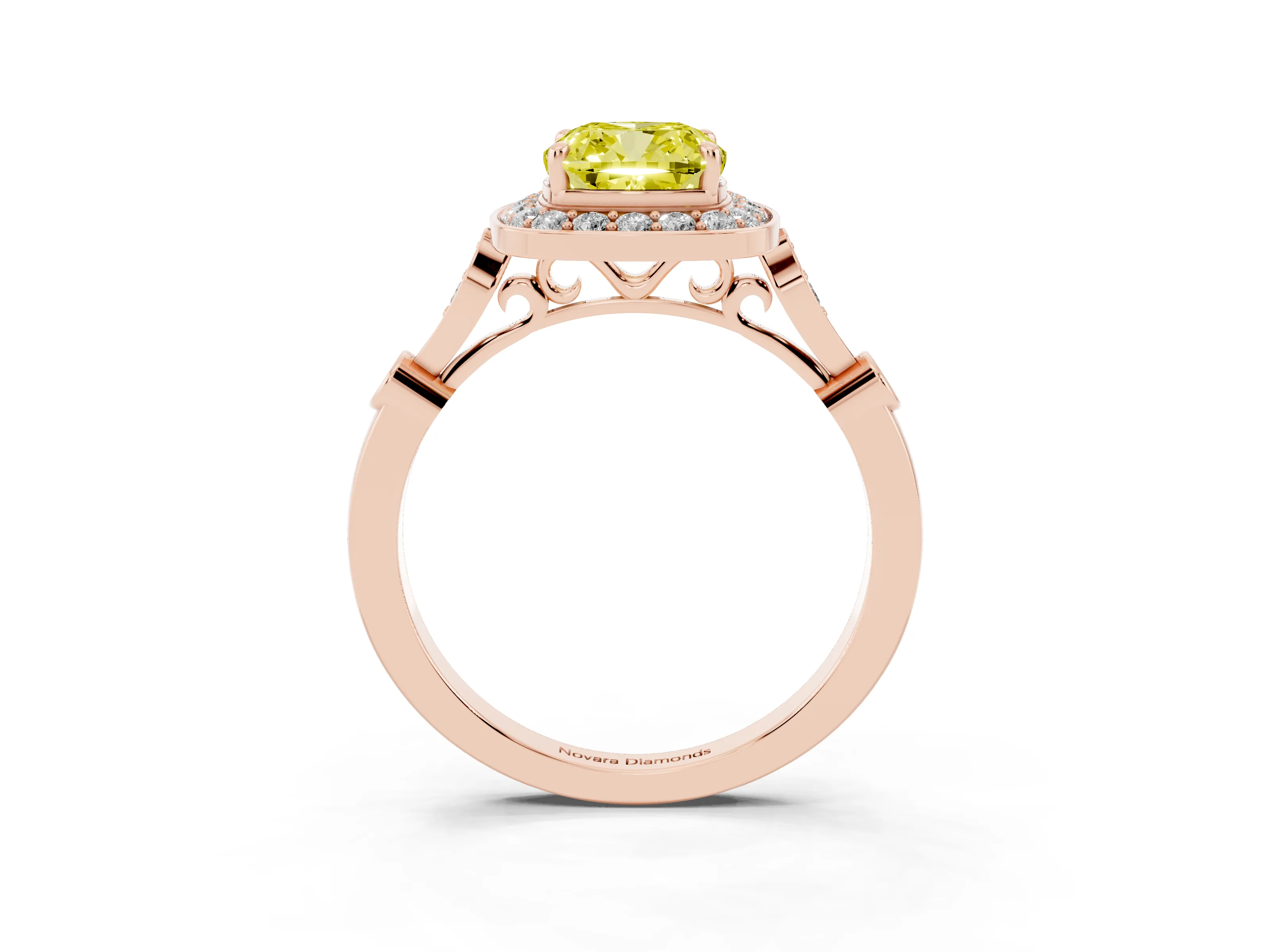 Fancy Yellow Cushion Cut Diamond Halo Engagement Ring Set in Rose gold with Twisted Band and Prong Setting