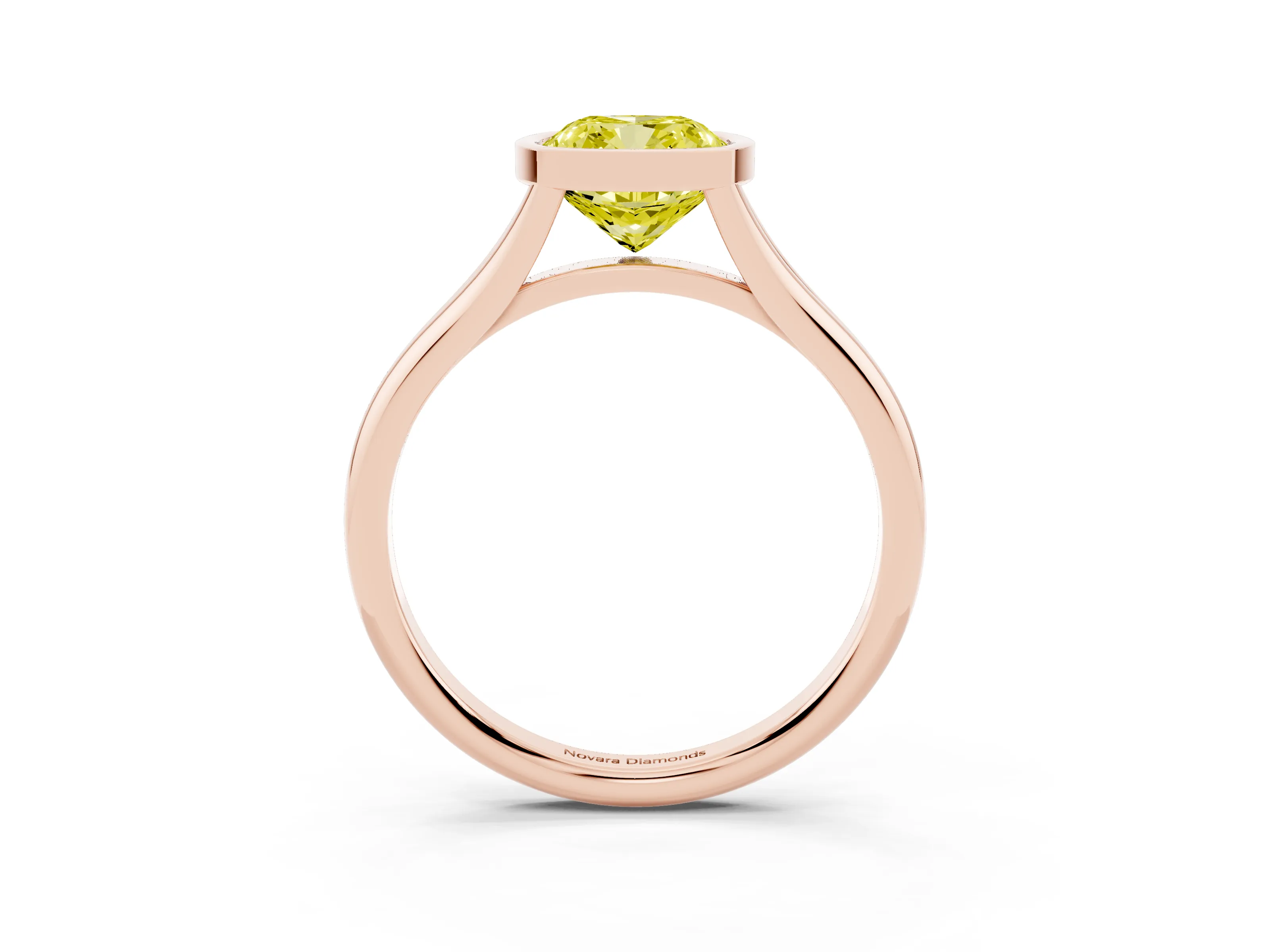 Fancy Yellow Bezel Set Cushion Cut Diamond Solitaire Ring Set in Rose gold with Tapered Band