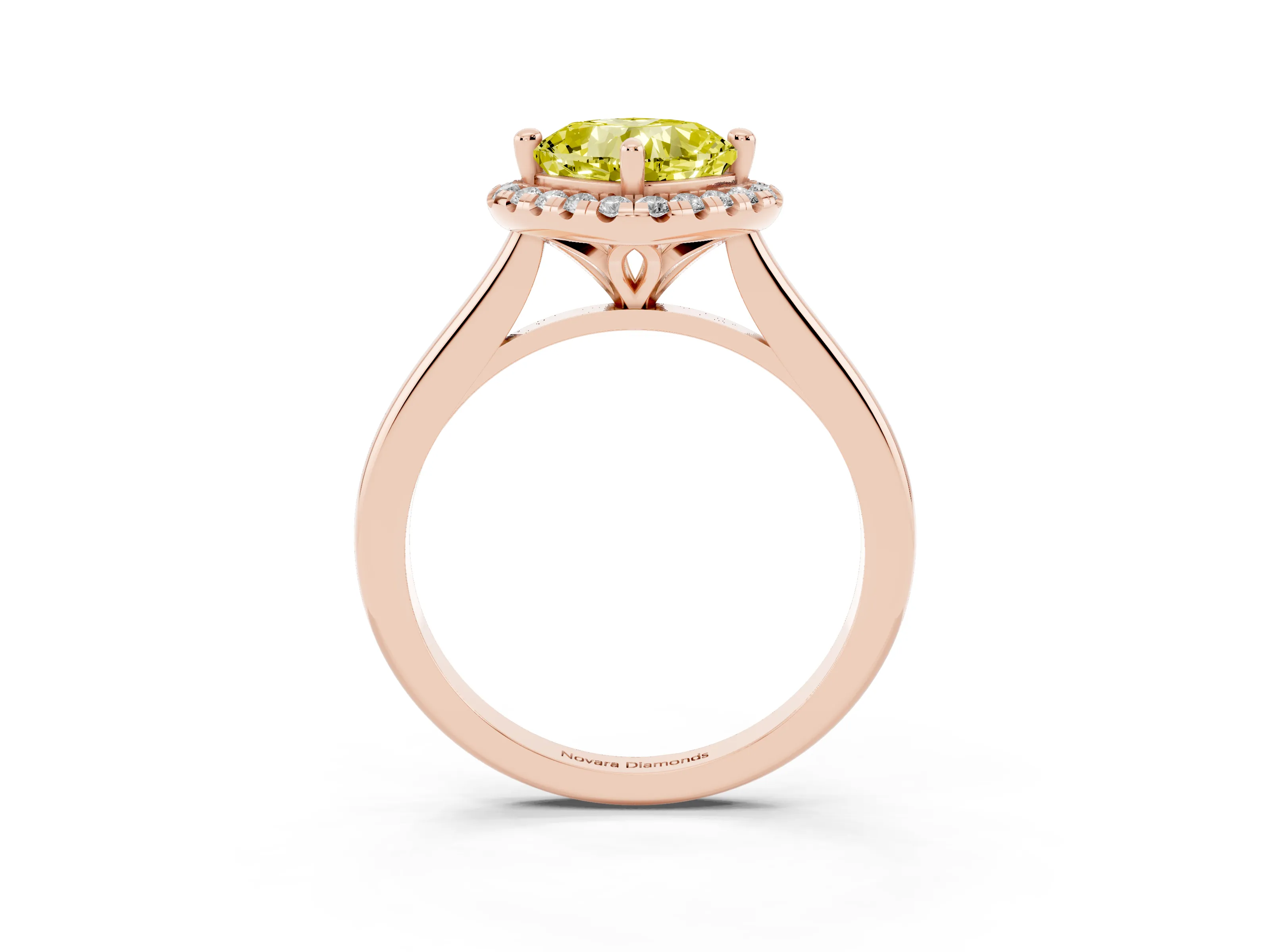 Fancy Yellow Cushion Cut Diamond Halo Engagement Ring Set in Rose gold with Pavé Band and Rising Shoulders