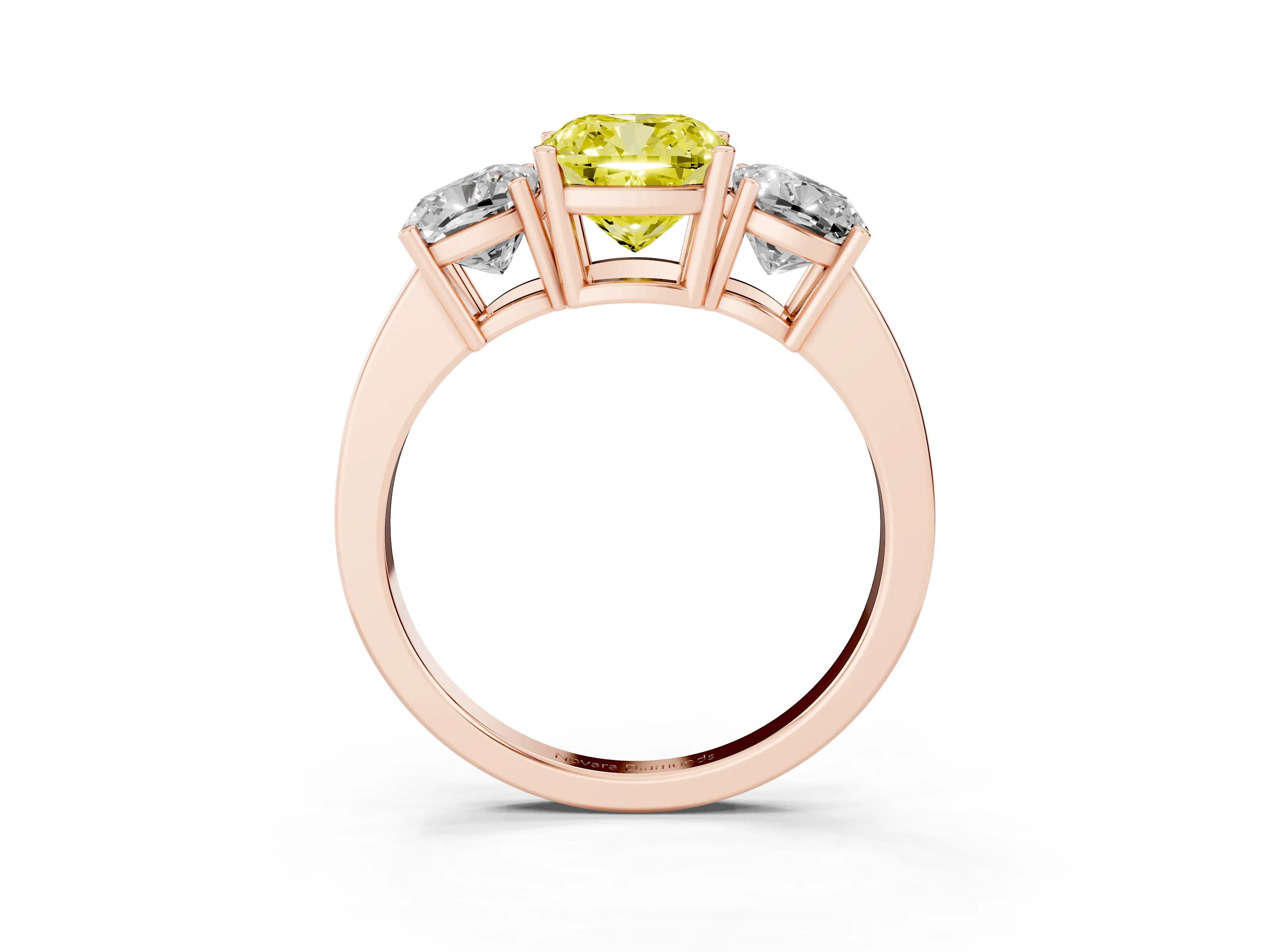 Fancy Yellow Cushion Cut Diamond Three-Stone Engagement Ring Set in Rose gold with Flat Band