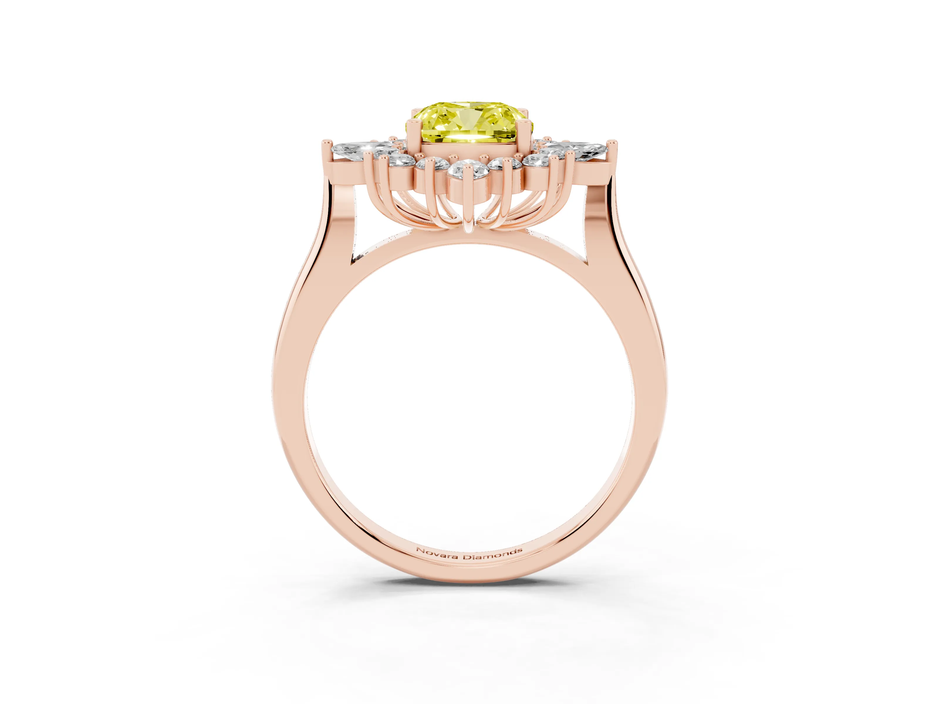 Fancy Yellow Cushion Cut Diamond Cluster Halo Ring Set in Rose gold with Marquise and Round Accents
