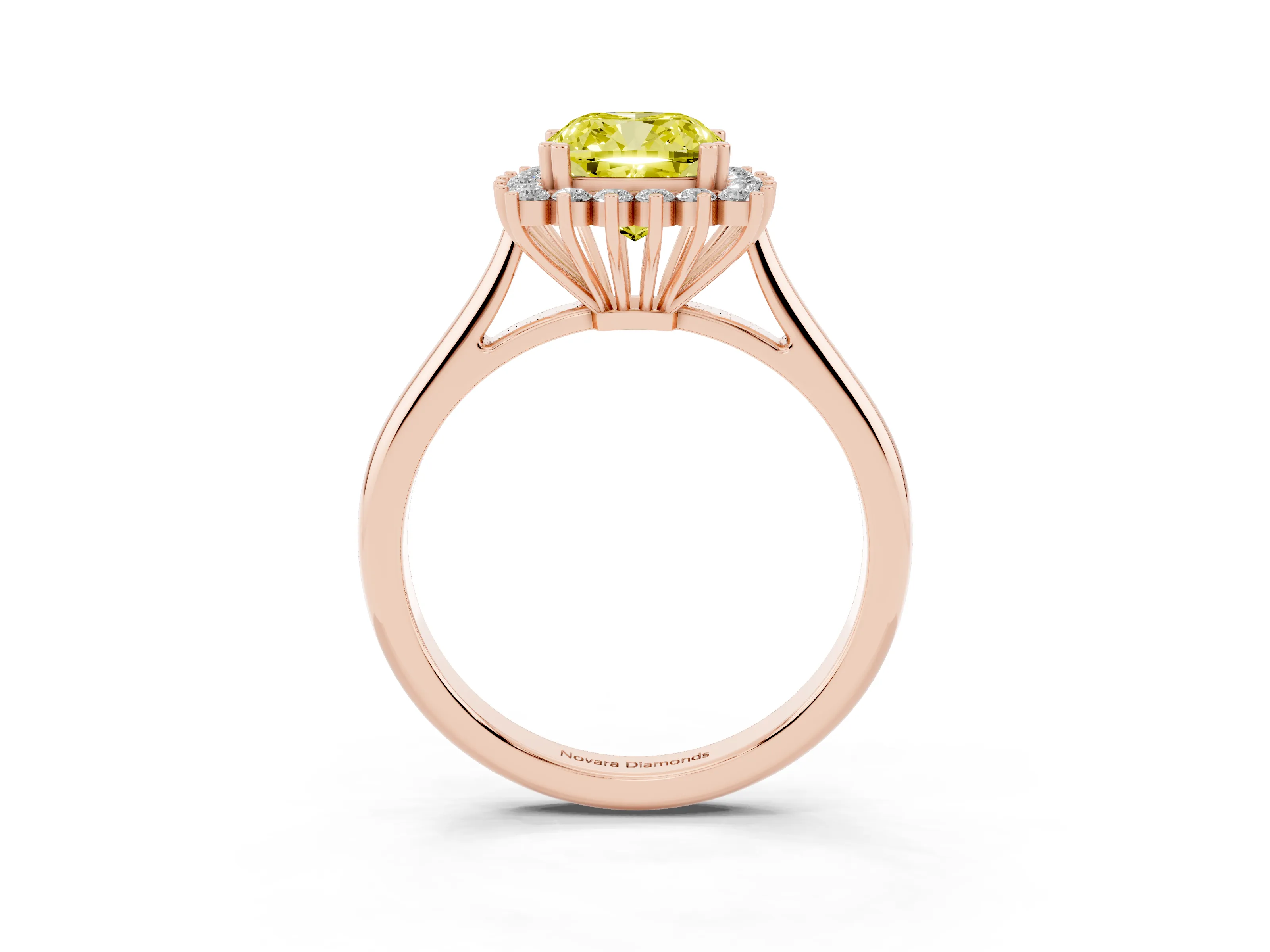 Fancy Yellow Cushion Cut Diamond Halo Ring Set in Rose gold with Plain Solitaire Band and Prong Setting