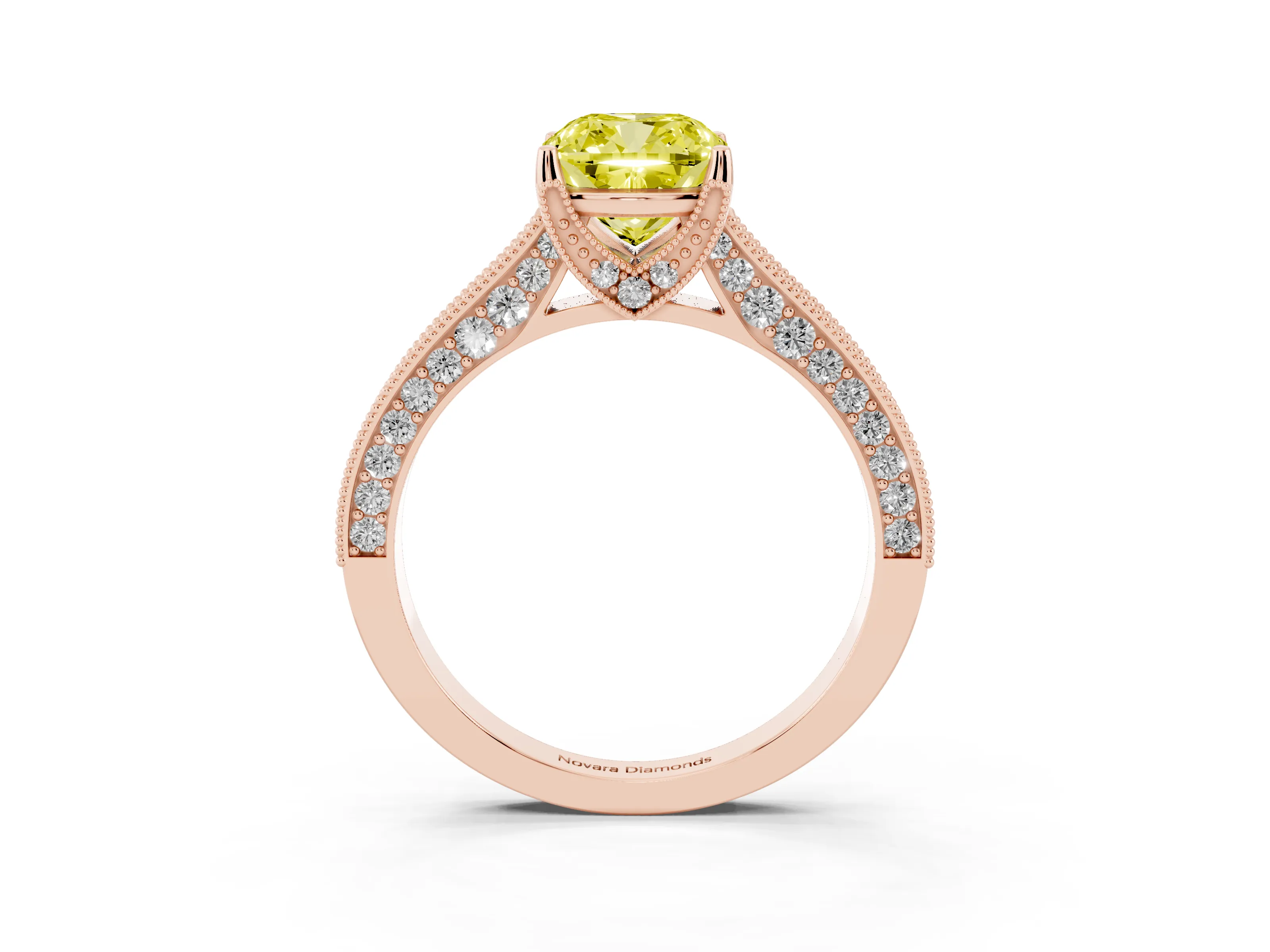 Fancy Yellow Cushion Cut Diamond Solitaire Ring Set in Rose gold with Milgrain-Edged Pavé Band and Prong Setting