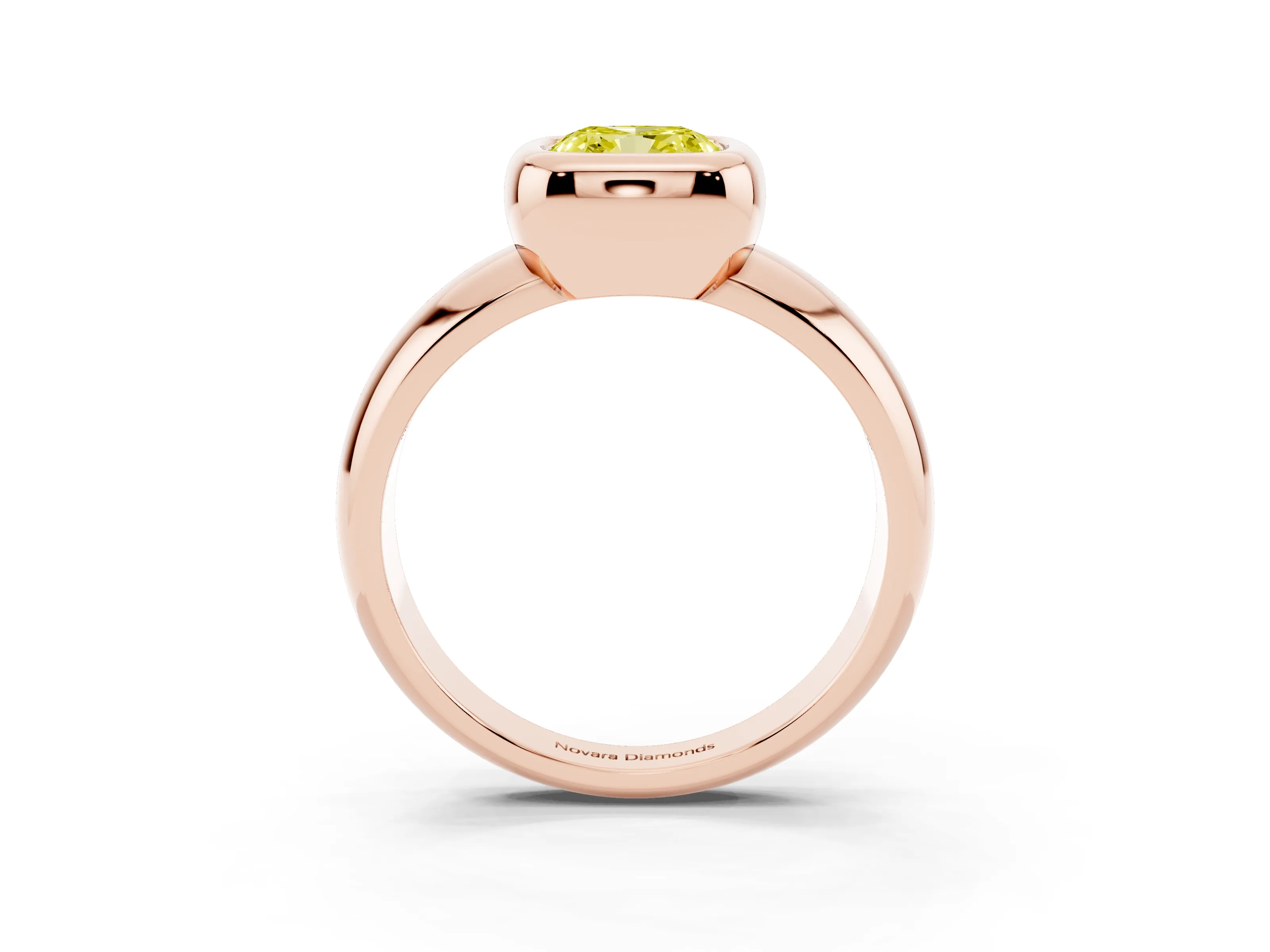 Fancy Yellow Bezel Set Cushion Cut Diamond Solitaire Ring Set in Rose gold with Wide Band