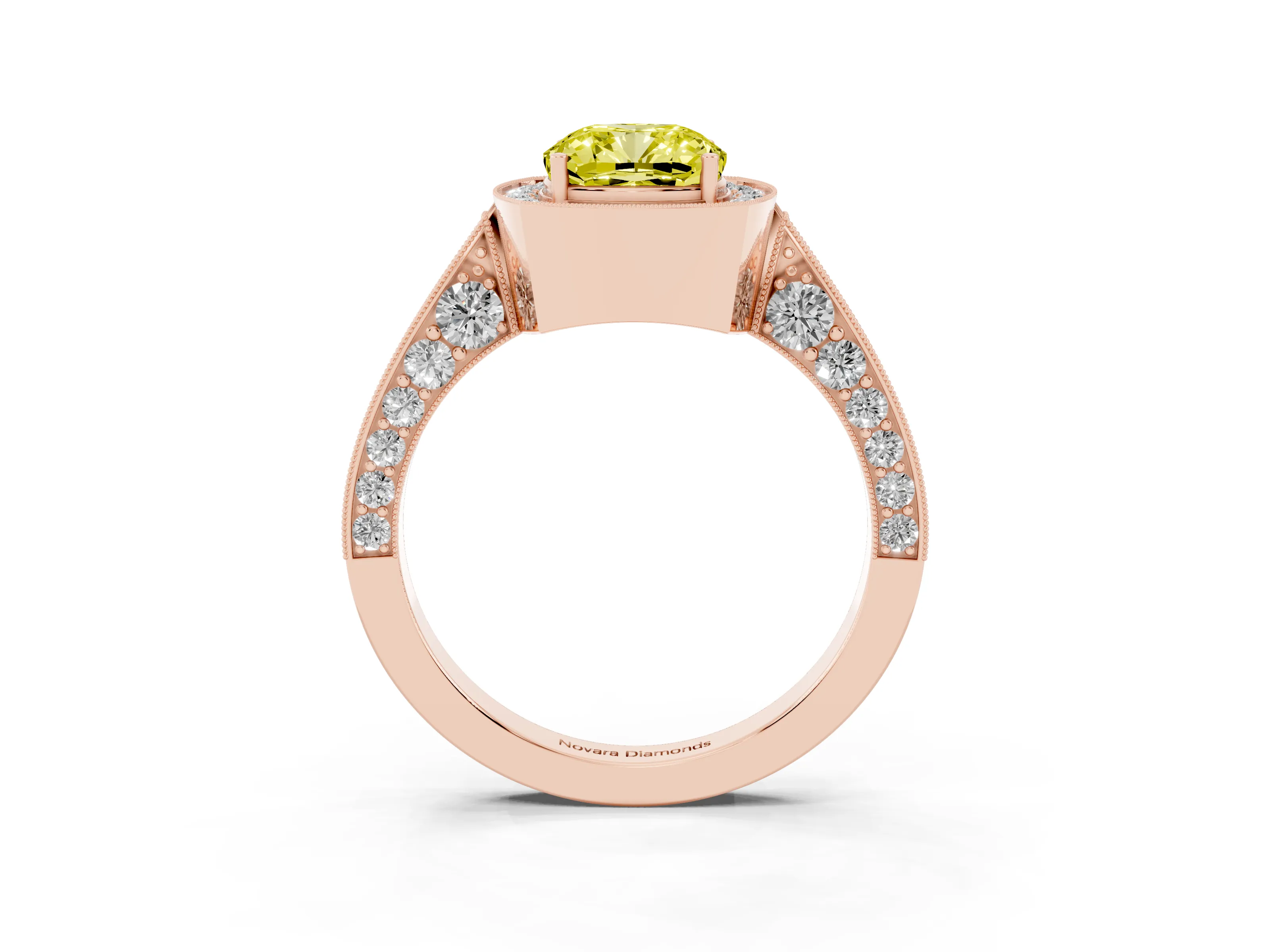 Fancy Yellow Cushion Cut Diamond Halo Engagement Ring Set in Rose gold with Accent Split Shank Band