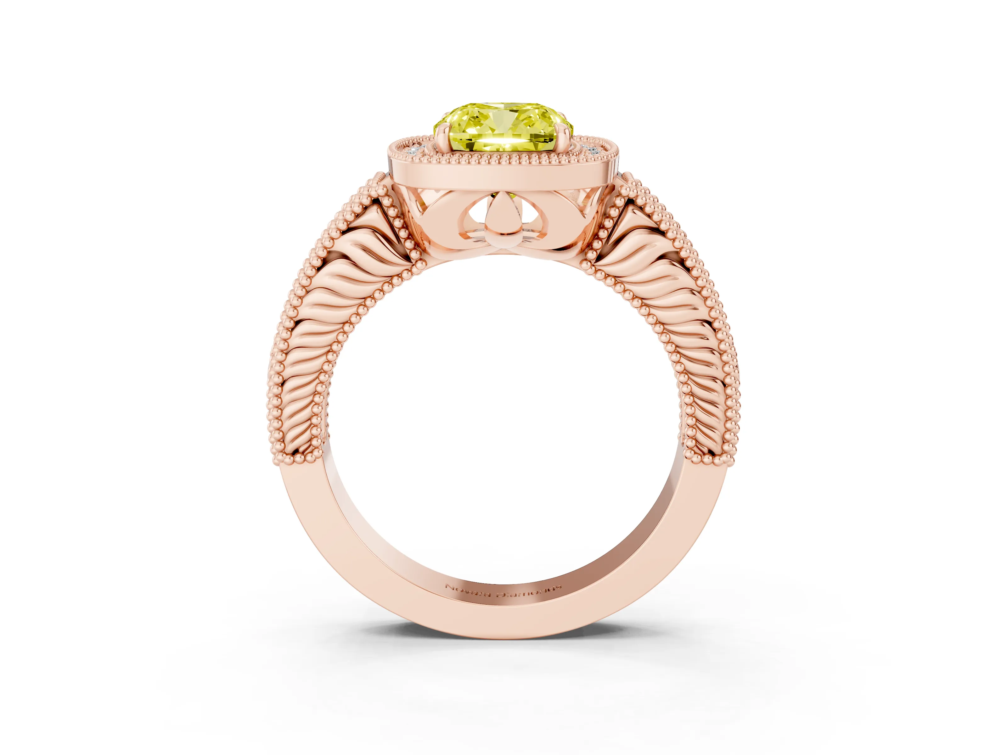 Fancy Yellow Cushion Cut Diamond Halo Ring Set in Rose gold with Round Accent Halo, Pavé Band and Prong Setting