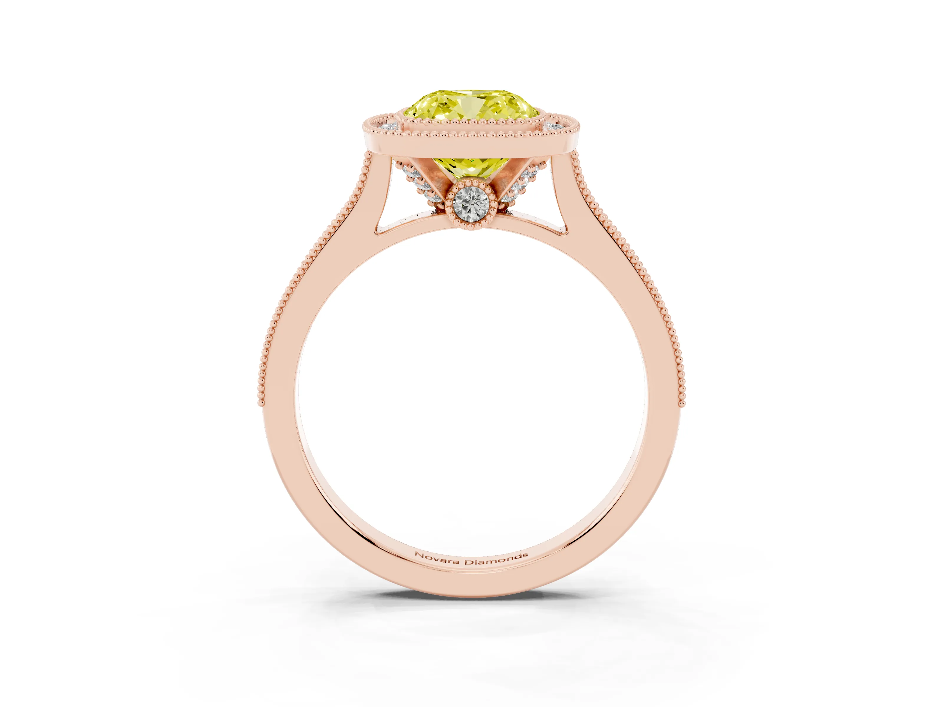 Fancy Yellow Cushion Cut Diamond Halo Milgrain Pavé Band Ring Set in Rose gold with Prong Setting